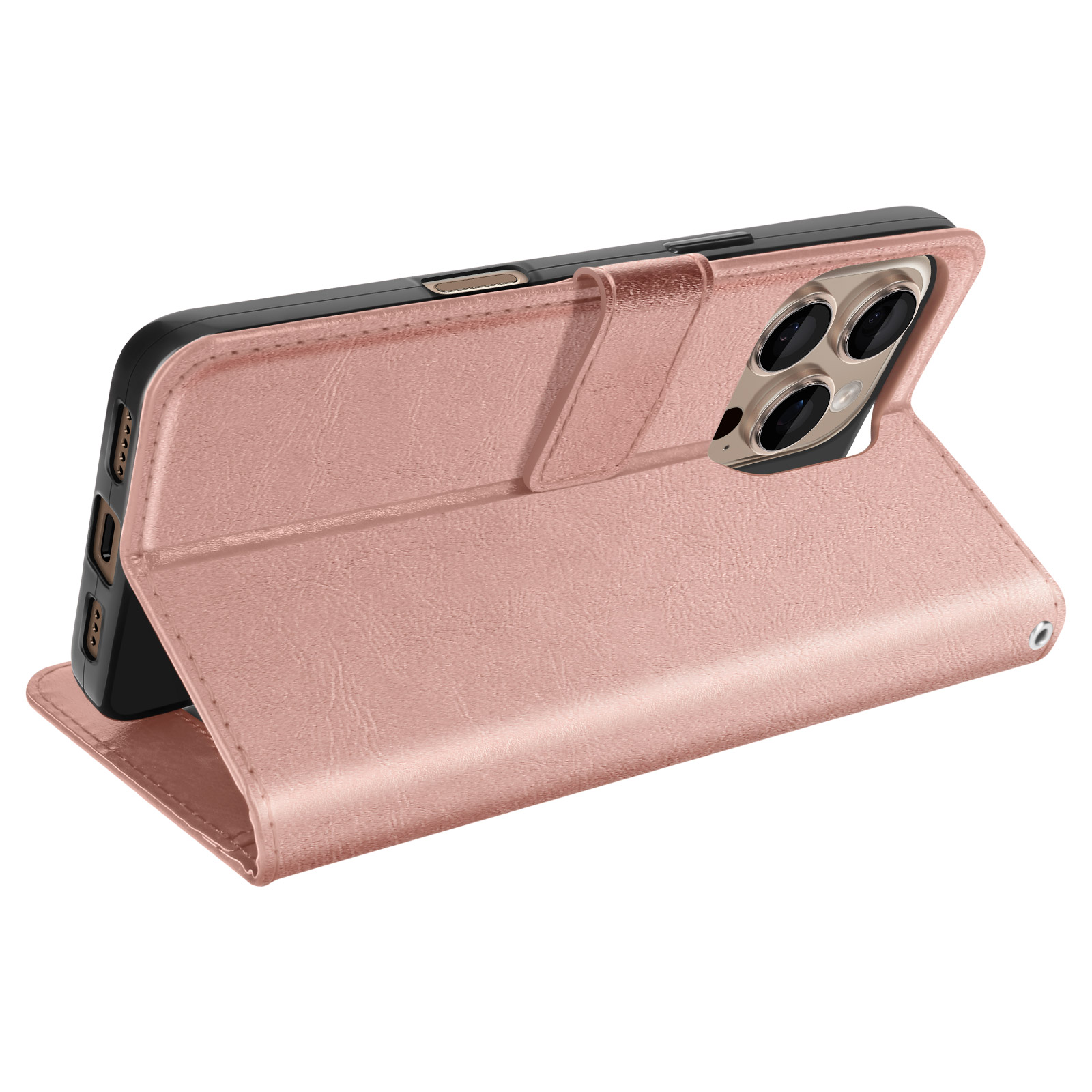 Una custodia per telefono rosa con un telefono all'interno e una cover pieghevole. Il telefono ha tre fotocamere.
