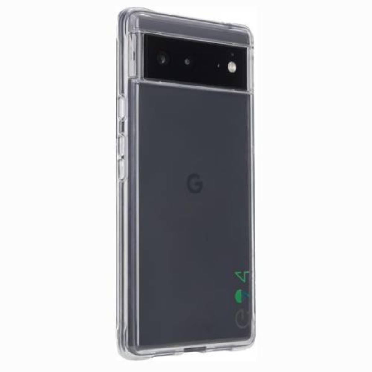Custodia trasparente per telefono su un telefono Pixel 6a nero. Il telefono è centrato e la custodia è trasparente.