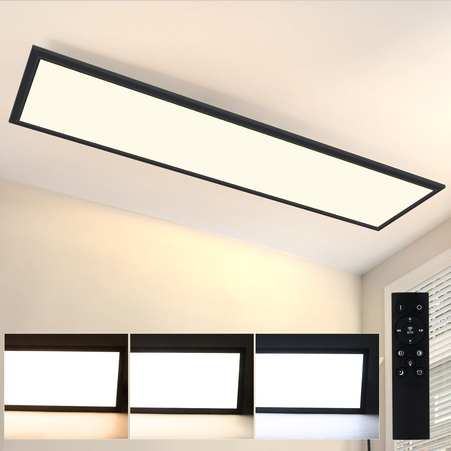Plafoniera LED rettangolare, cornice nera, luce bianca. Include telecomando e variazioni.