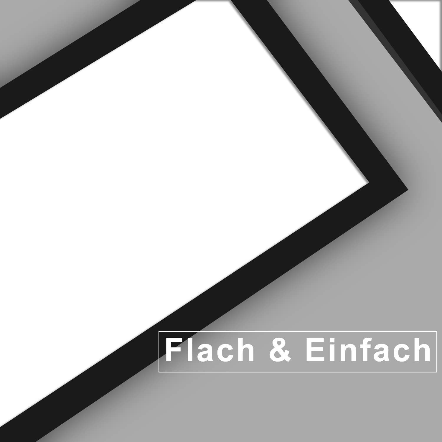 Carta bianca con cornice nera su sfondo grigio. Il testo dice 'Flach & Einfach'.