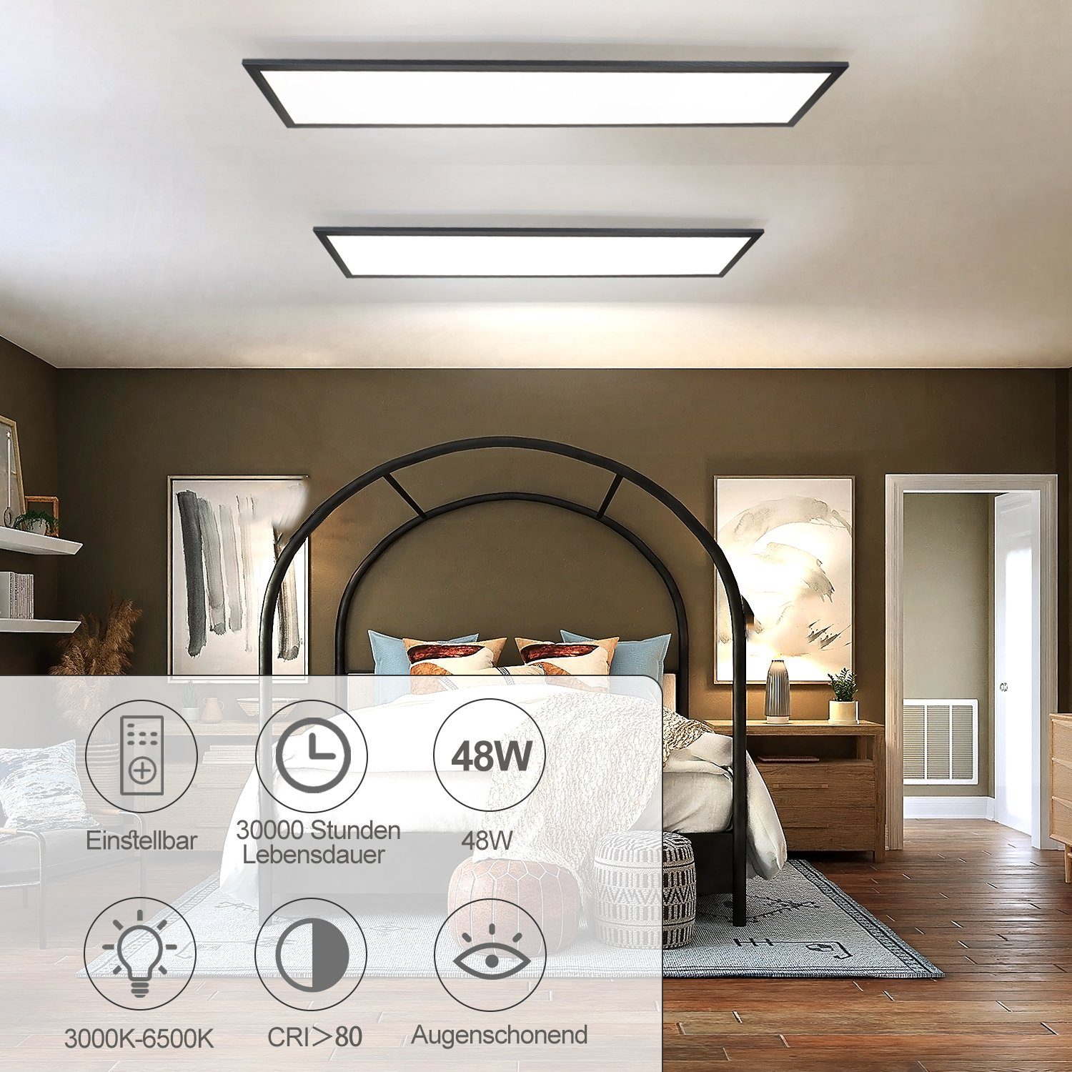 Due luci a LED rettangolari sono sul soffitto. Icone e testo sottostanti.