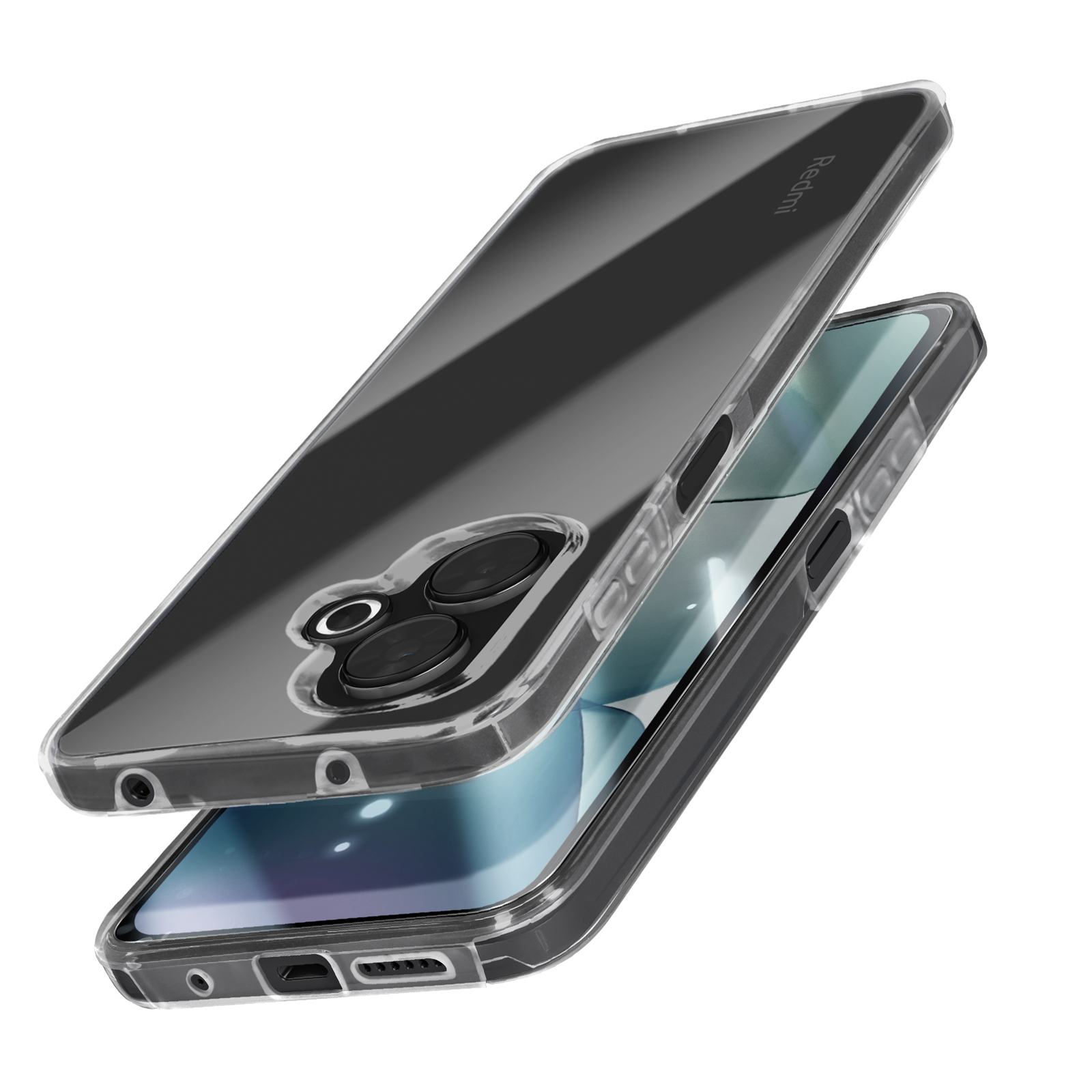Custodia trasparente per telefono su un telefono. Il telefono ha un logo Redmi rosso e una fotocamera.