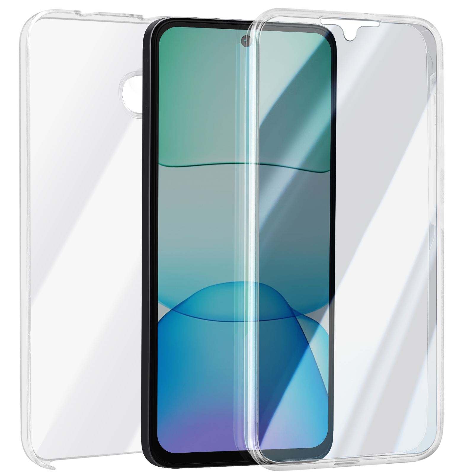Una custodia trasparente per telefono e una protezione per lo schermo, separati, con un telefono all'interno. Lo schermo mostra un design.