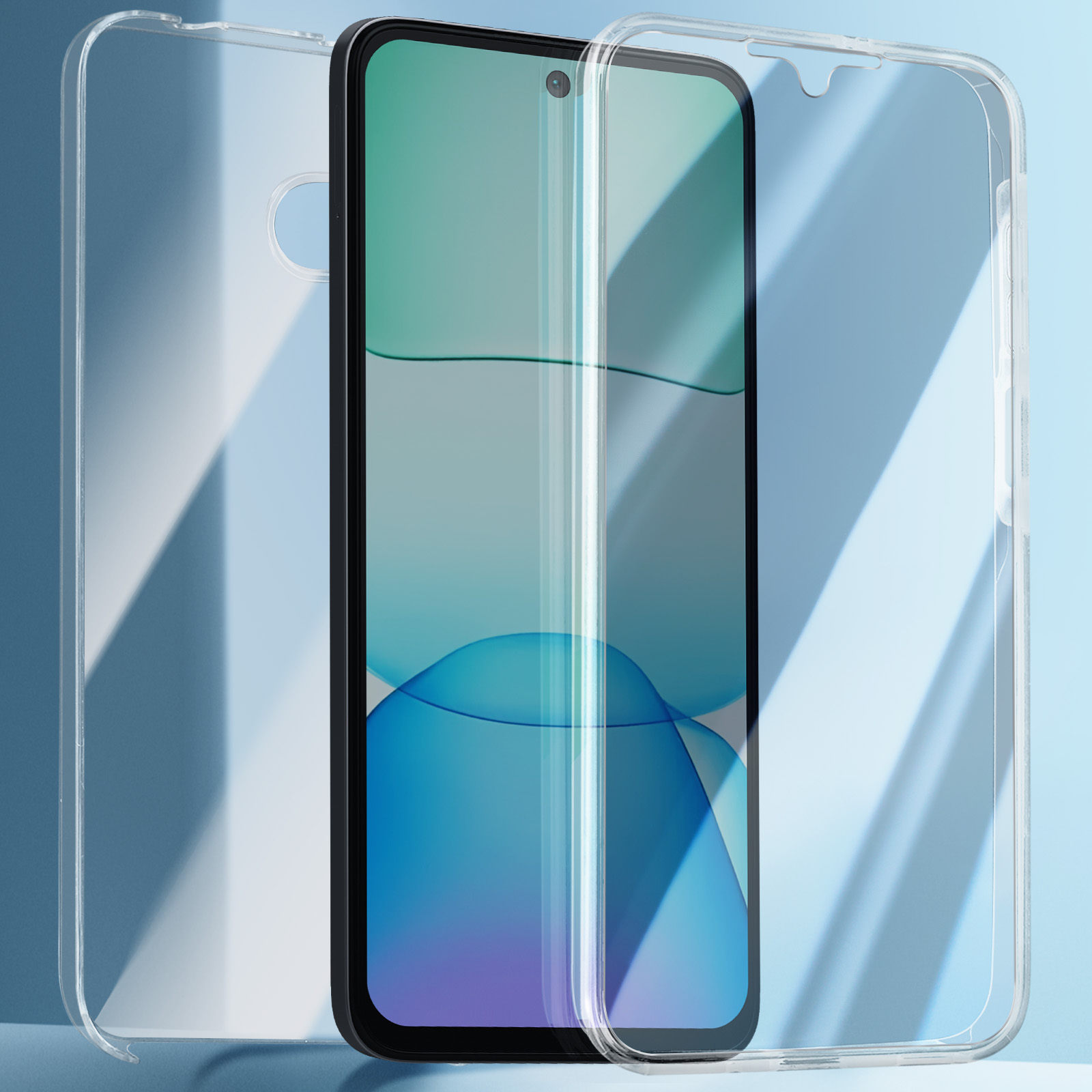 Custodia trasparente per telefono sopra un telefono, con uno sfondo astratto blu e bianco.