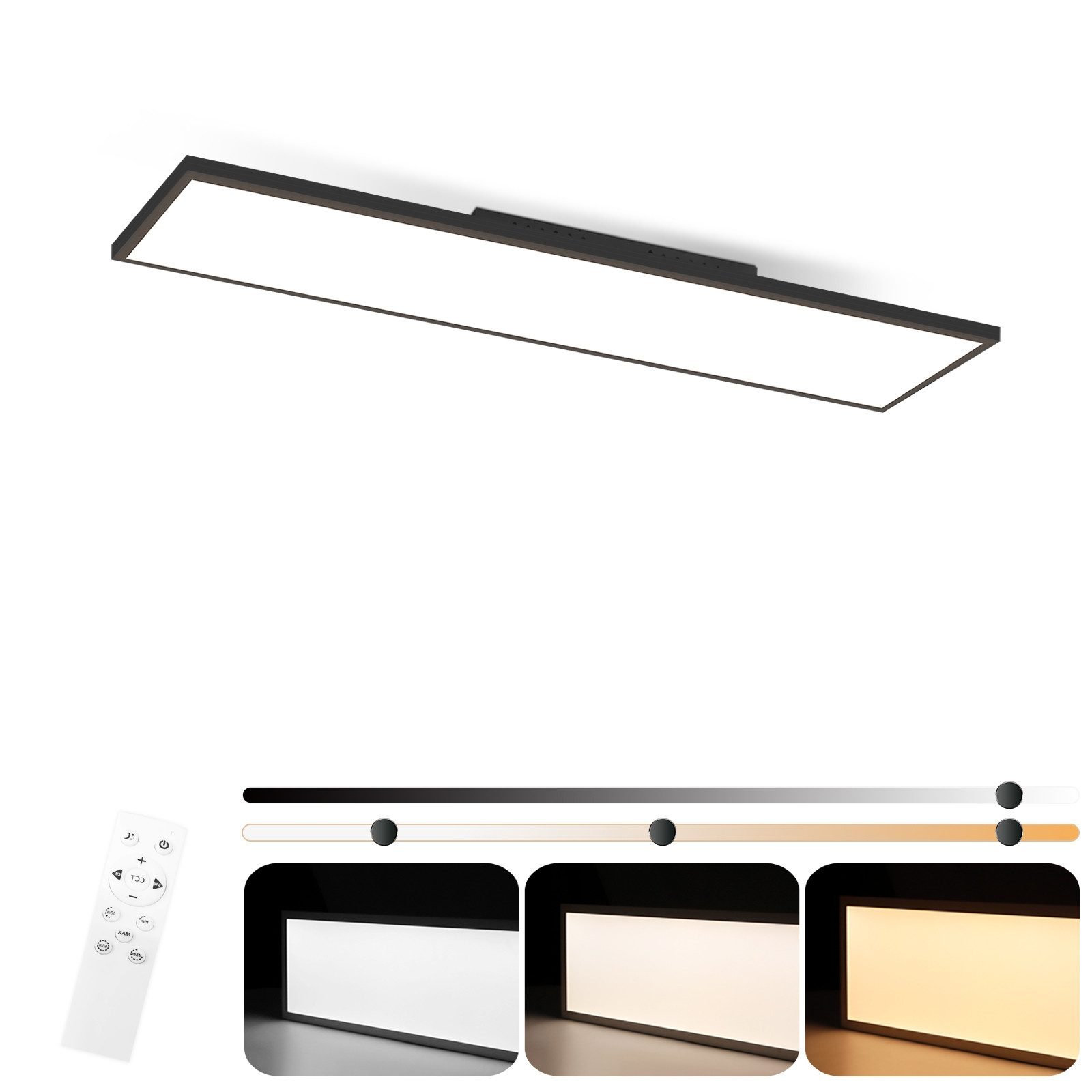 Luz de techo rectangular negra con un panel de luz blanco. Se muestran el mando a distancia y las opciones de color.