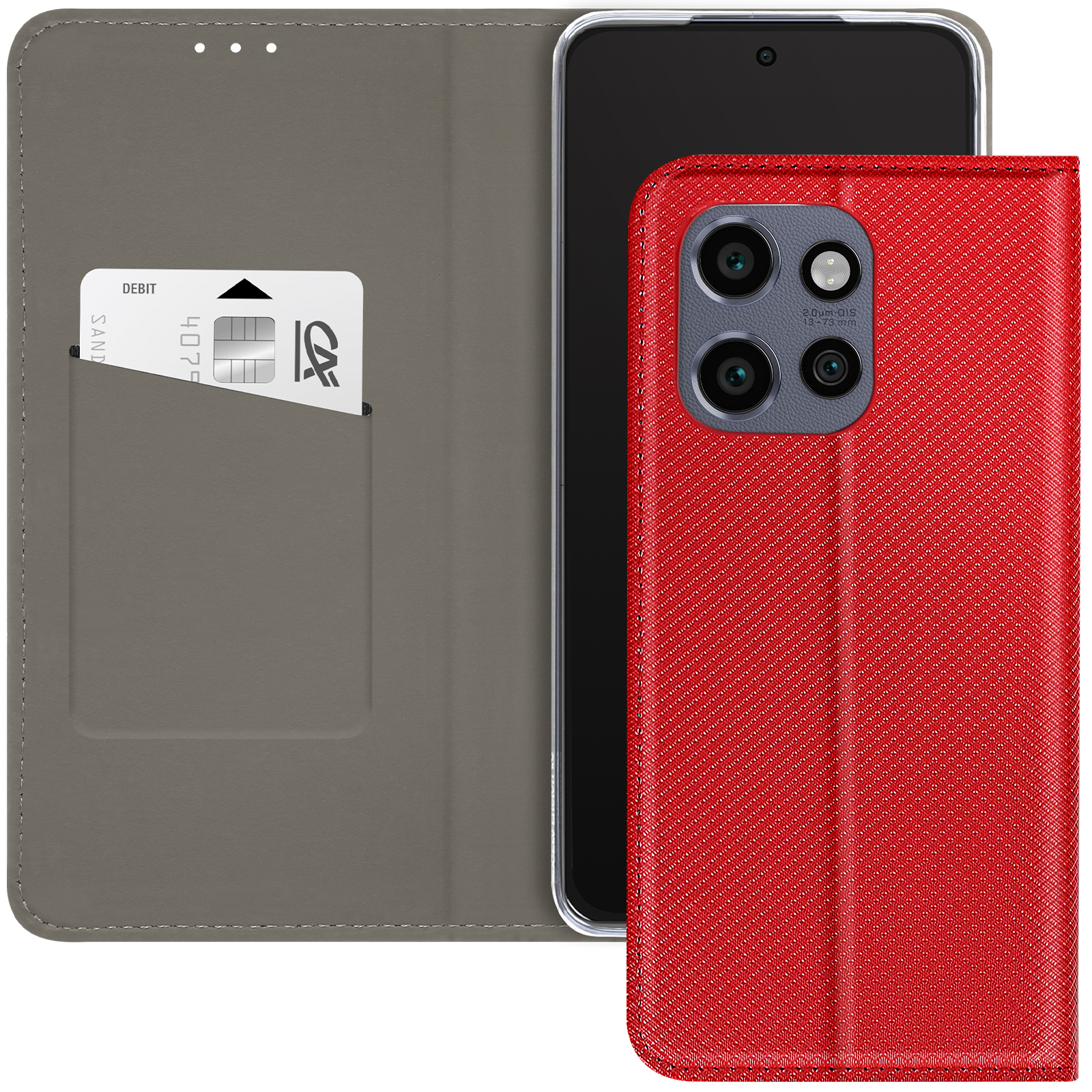 Rote Handyhülle mit Karte und Telefon darin.