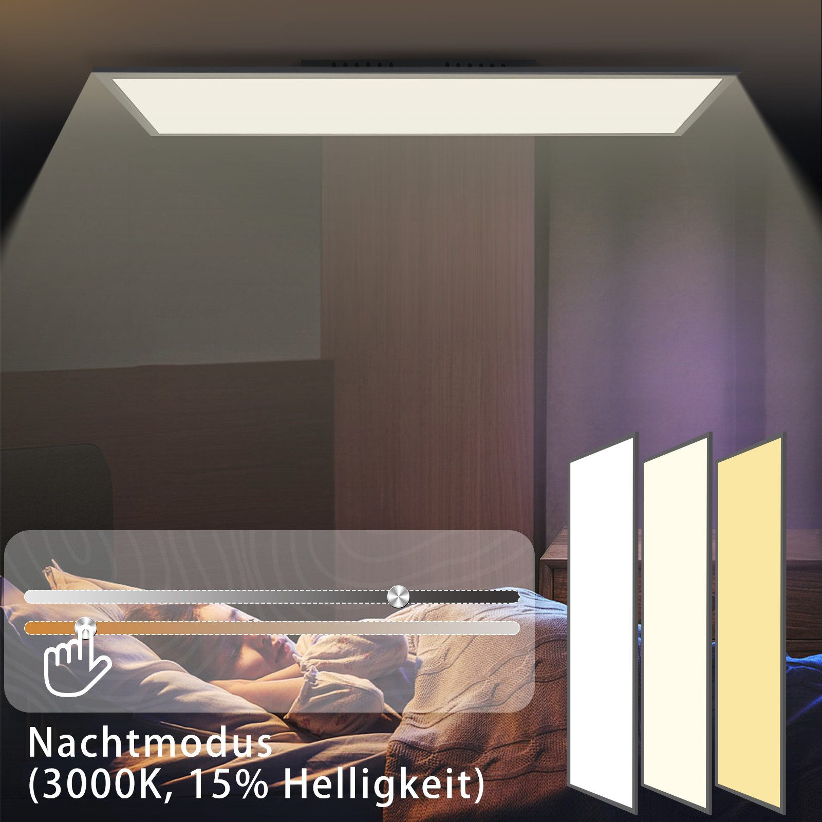 Una escena de dormitorio con una luz de panel LED ajustable, que muestra diferentes modos de iluminación.