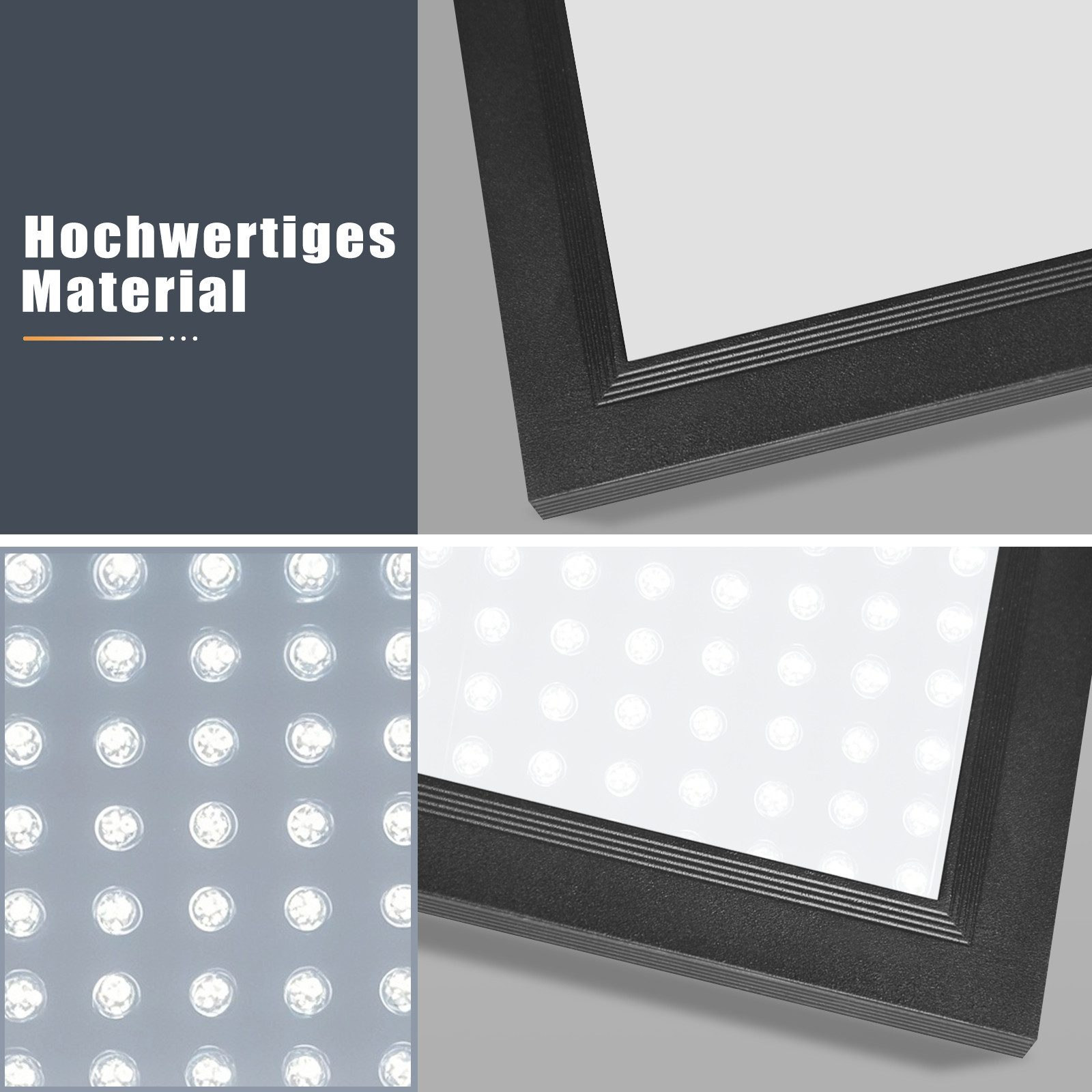 Imagen enmarcada en negro con interior blanco, primer plano del marco y las luces.