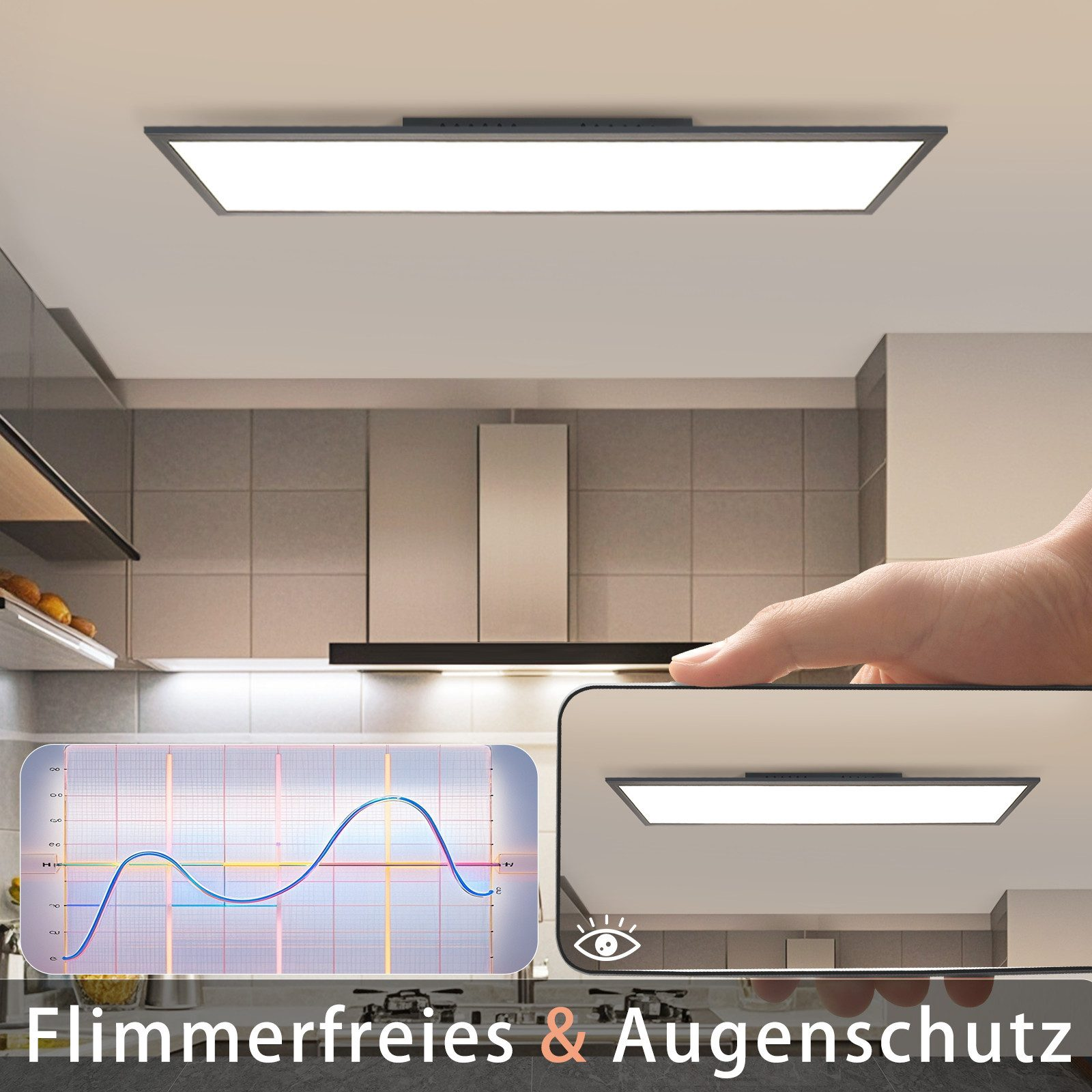 Luz de techo LED rectangular, con gráfico azul y señal de protección ocular.
