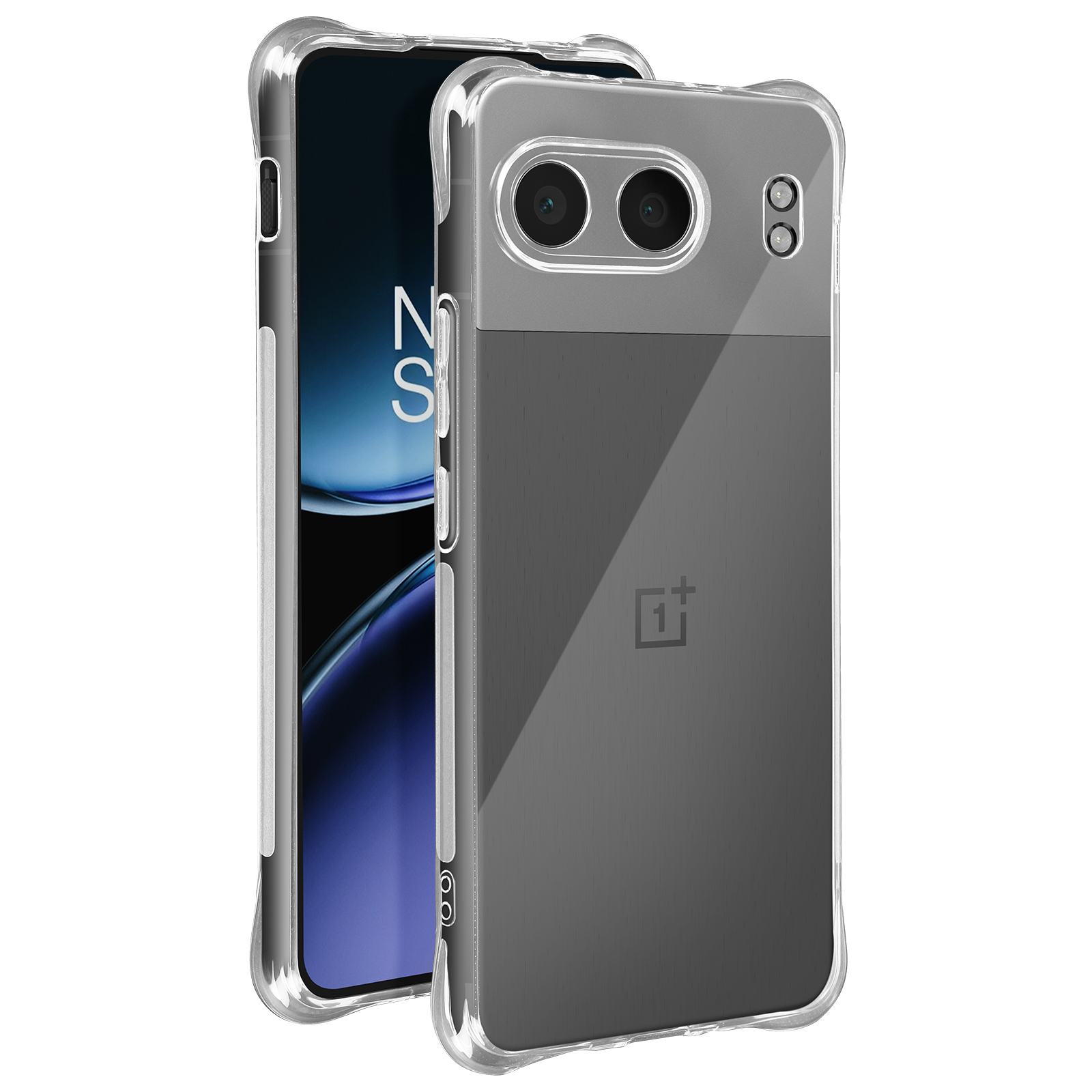 Due telefoni con custodie trasparenti. Entrambi hanno più lenti della fotocamera e il logo OnePlus.