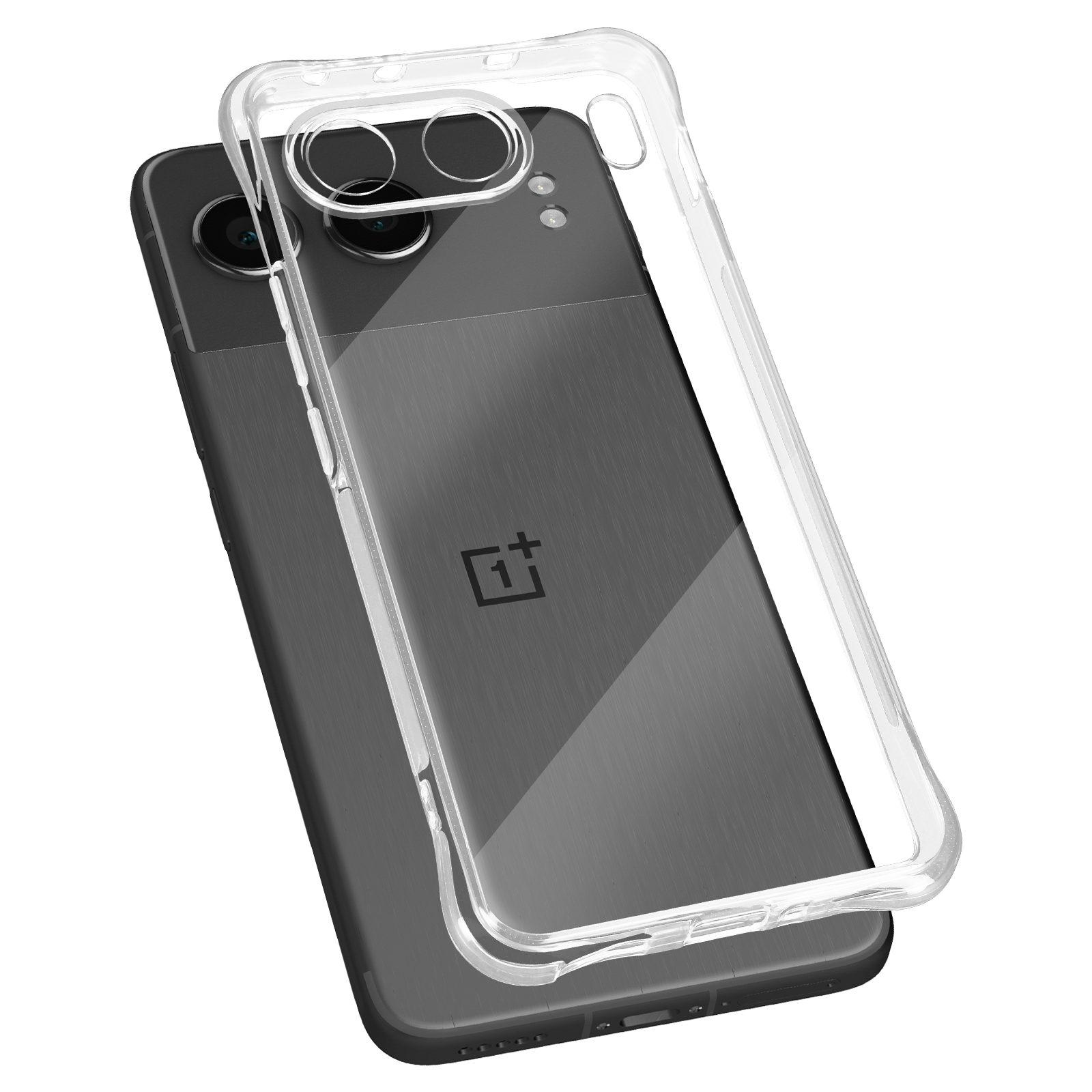 Uno smartphone con una custodia trasparente, lenti della fotocamera visibili e un emblema.