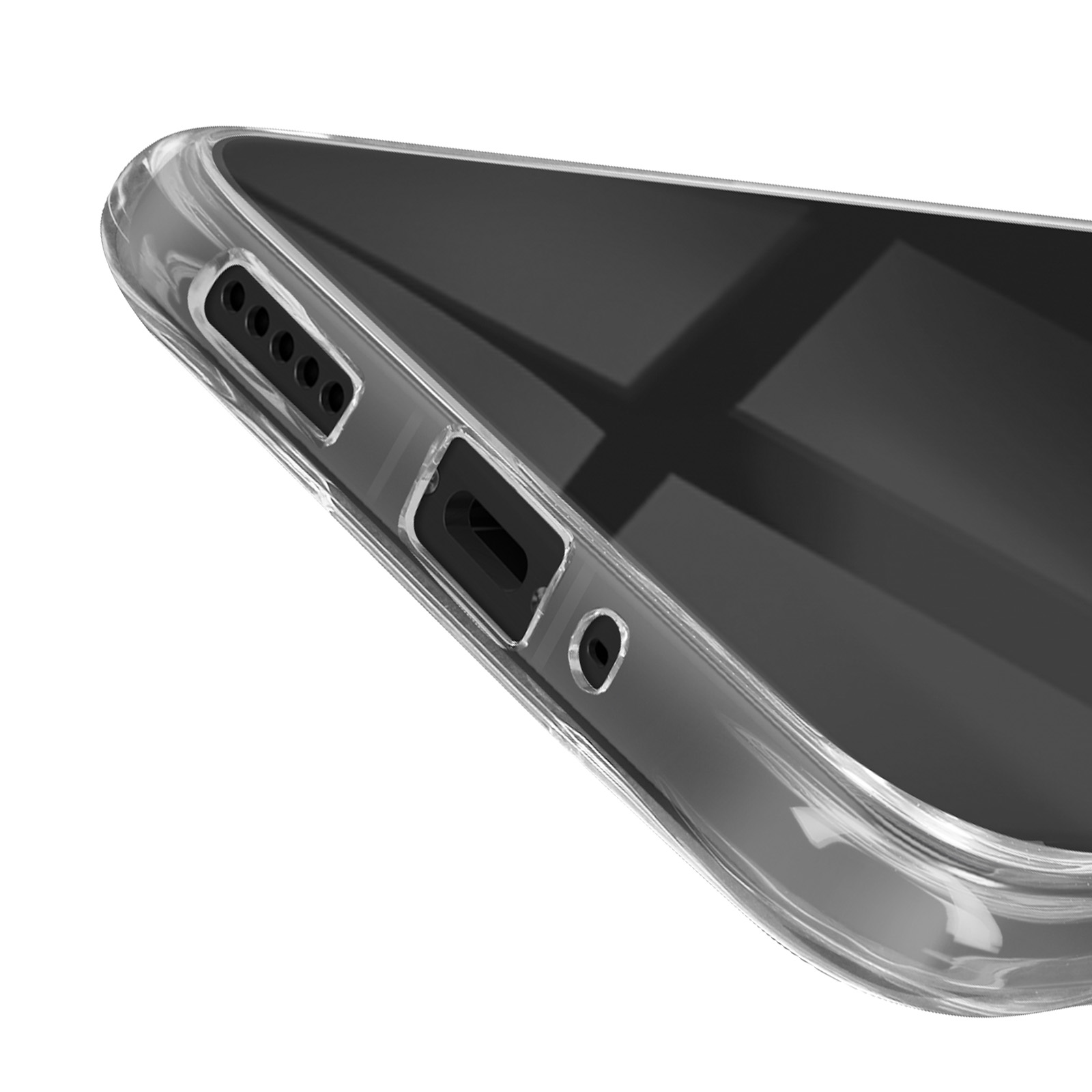 Primo piano della parte inferiore di un telefono, che mostra la porta di ricarica, gli altoparlanti e il microfono.
