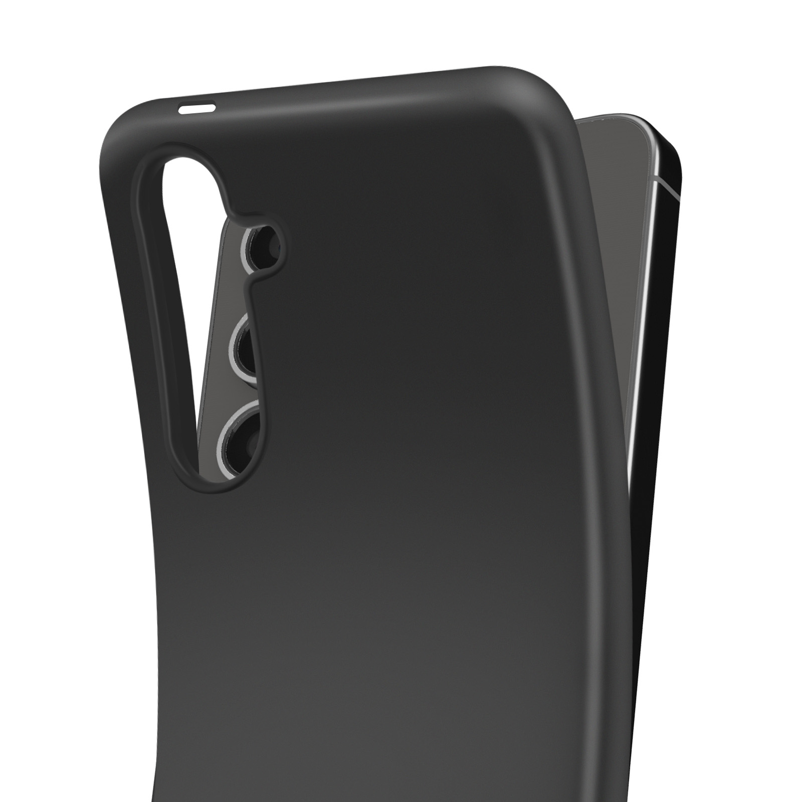 Viene mostrata una custodia per telefono nera. La custodia copre la maggior parte del telefono, con ritagli per la fotocamera.