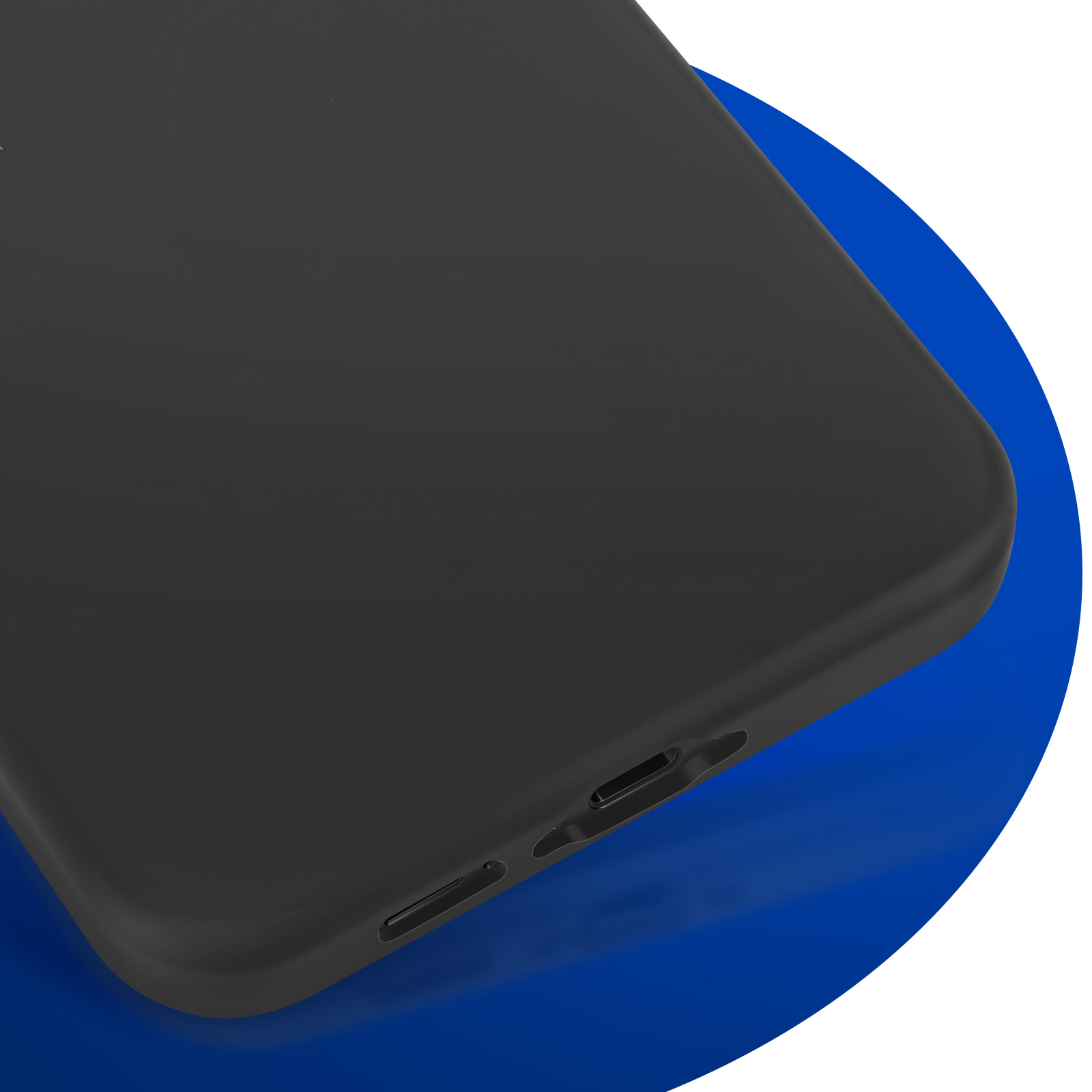 Primo piano di una custodia per telefono, colore nero, su sfondo blu e bianco.