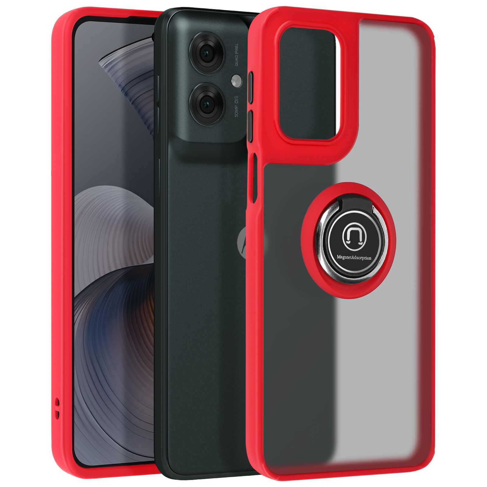 Telefono in custodia rossa e trasparente con anello.