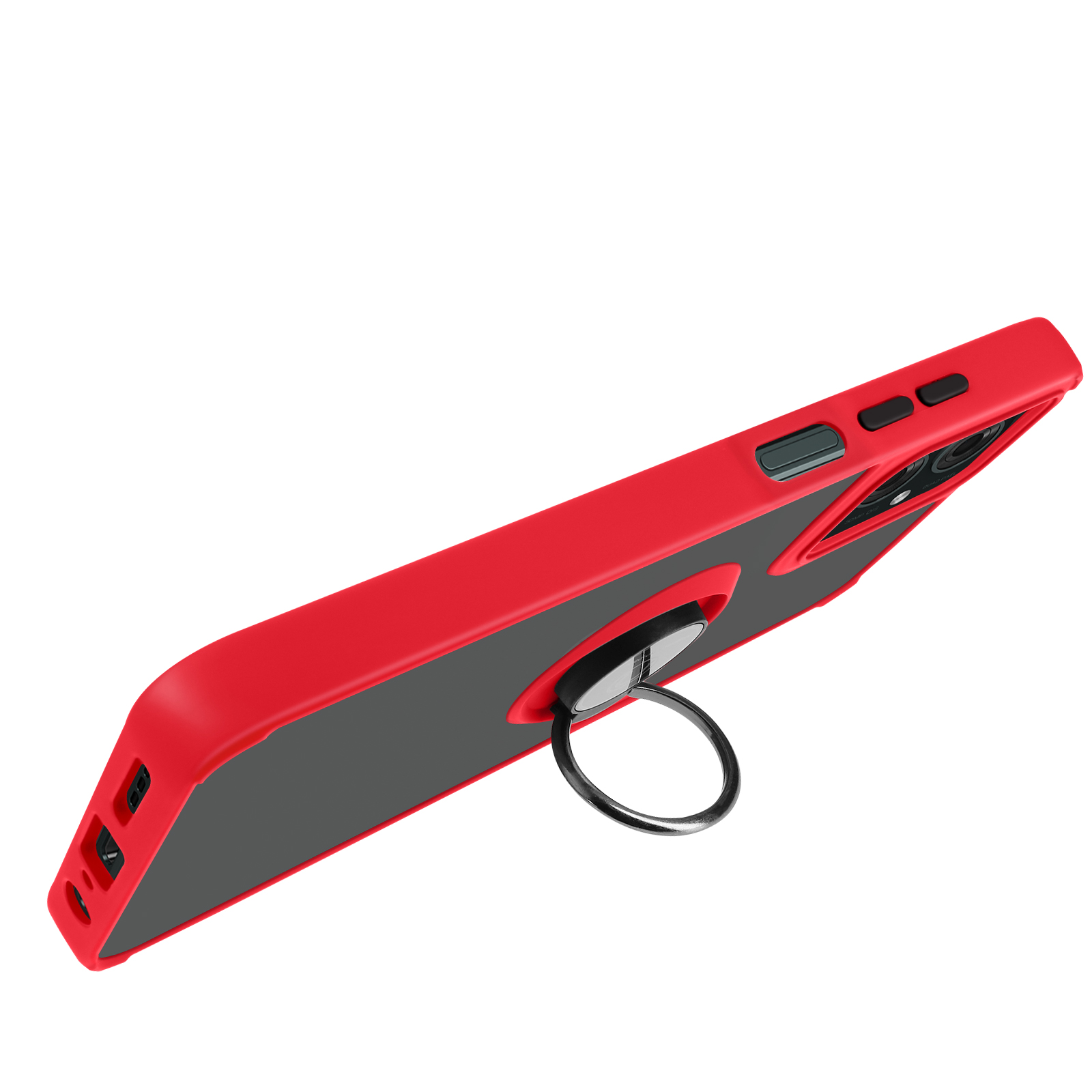 Una custodia per telefono rossa e nera con un supporto ad anello. È su sfondo bianco.