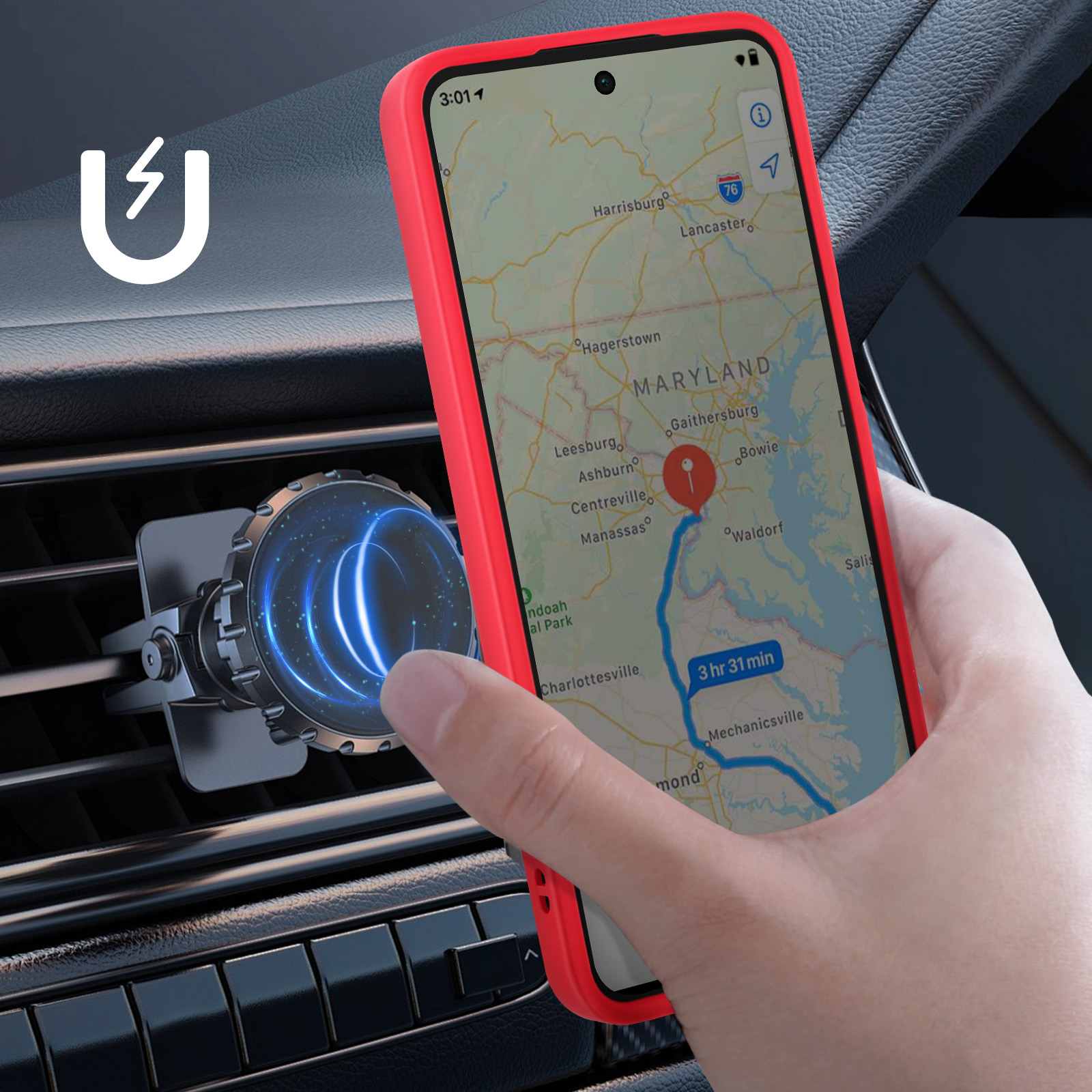 Un telefono con custodia rossa è montato sulla bocchetta dell'aria di un'auto. Lo schermo mostra una mappa con un percorso.