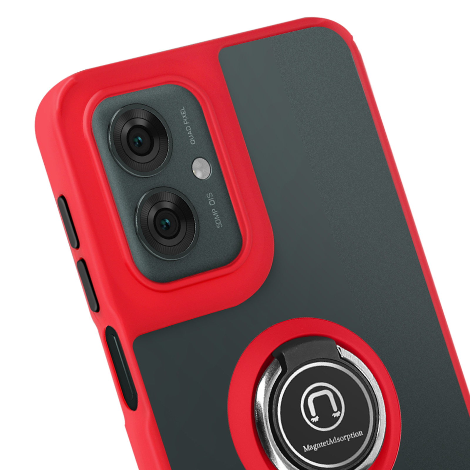 Primo piano di una custodia per telefono rossa e grigia con un anello per l'impugnatura. Il telefono ha un modulo fotocamera.
