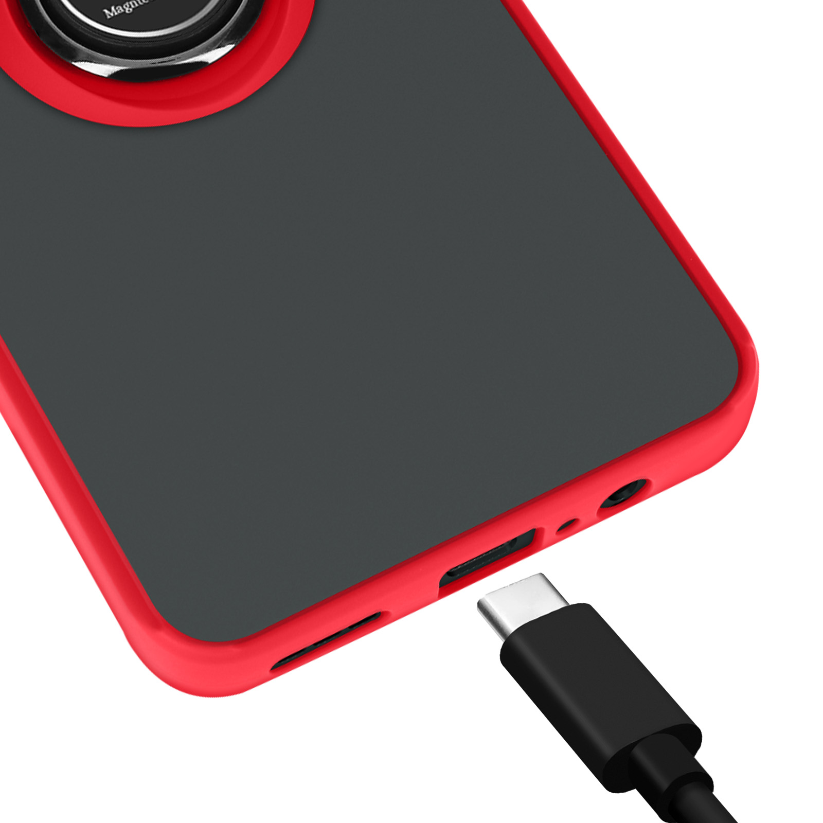 Primo piano di una custodia rossa per telefono con schermo nero, collegata a un cavo USB-C.