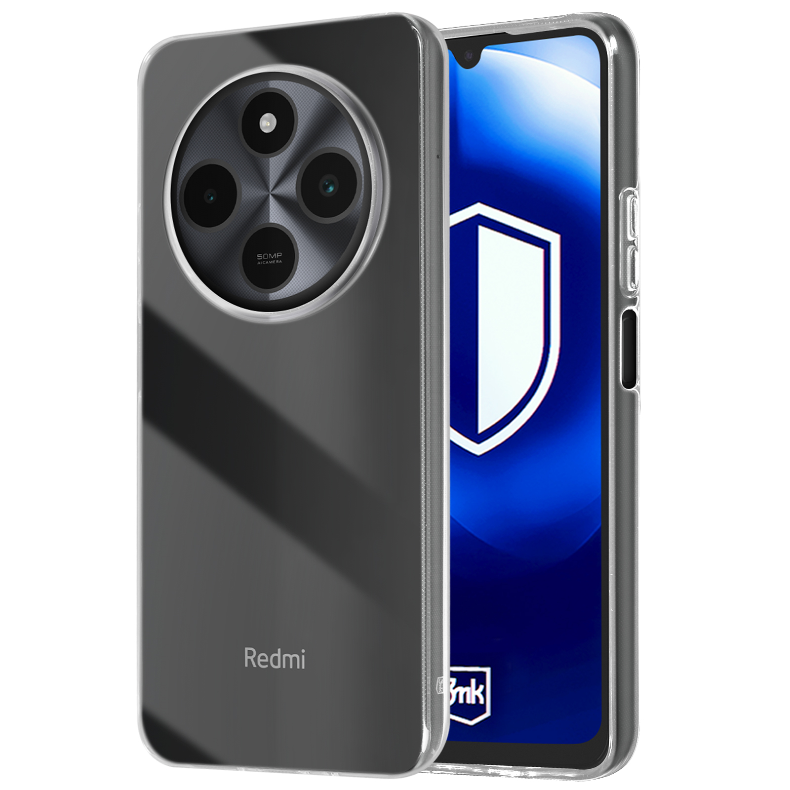 Telefon w przezroczystym etui. Tył telefonu ma duży moduł aparatu z trzema obiektywami.