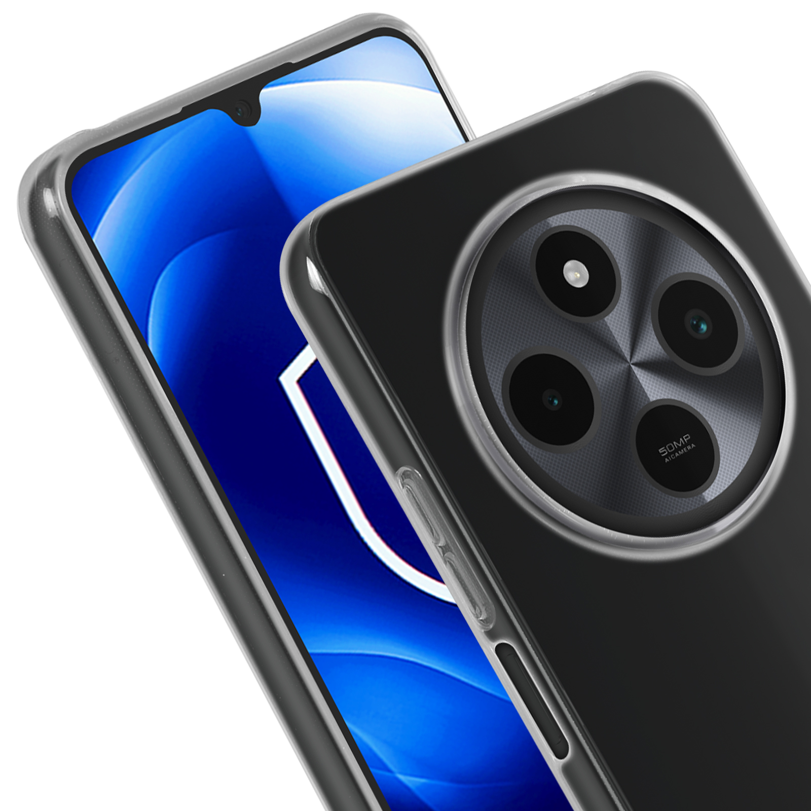 Przezroczyste etui na telefon, widoczny aparat i telefon, z niebieskim tłem.