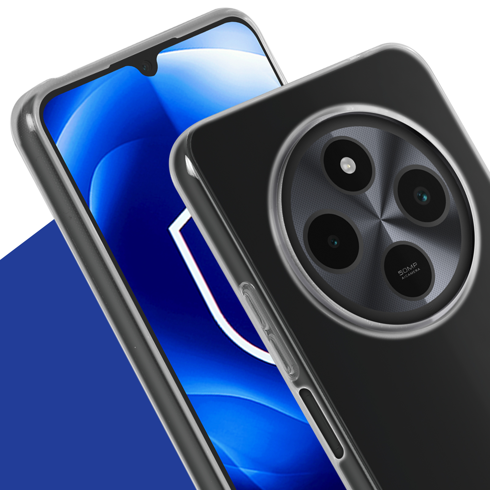 Przezroczyste etui na telefon z telefonem w środku. Telefon ma trzy aparaty.