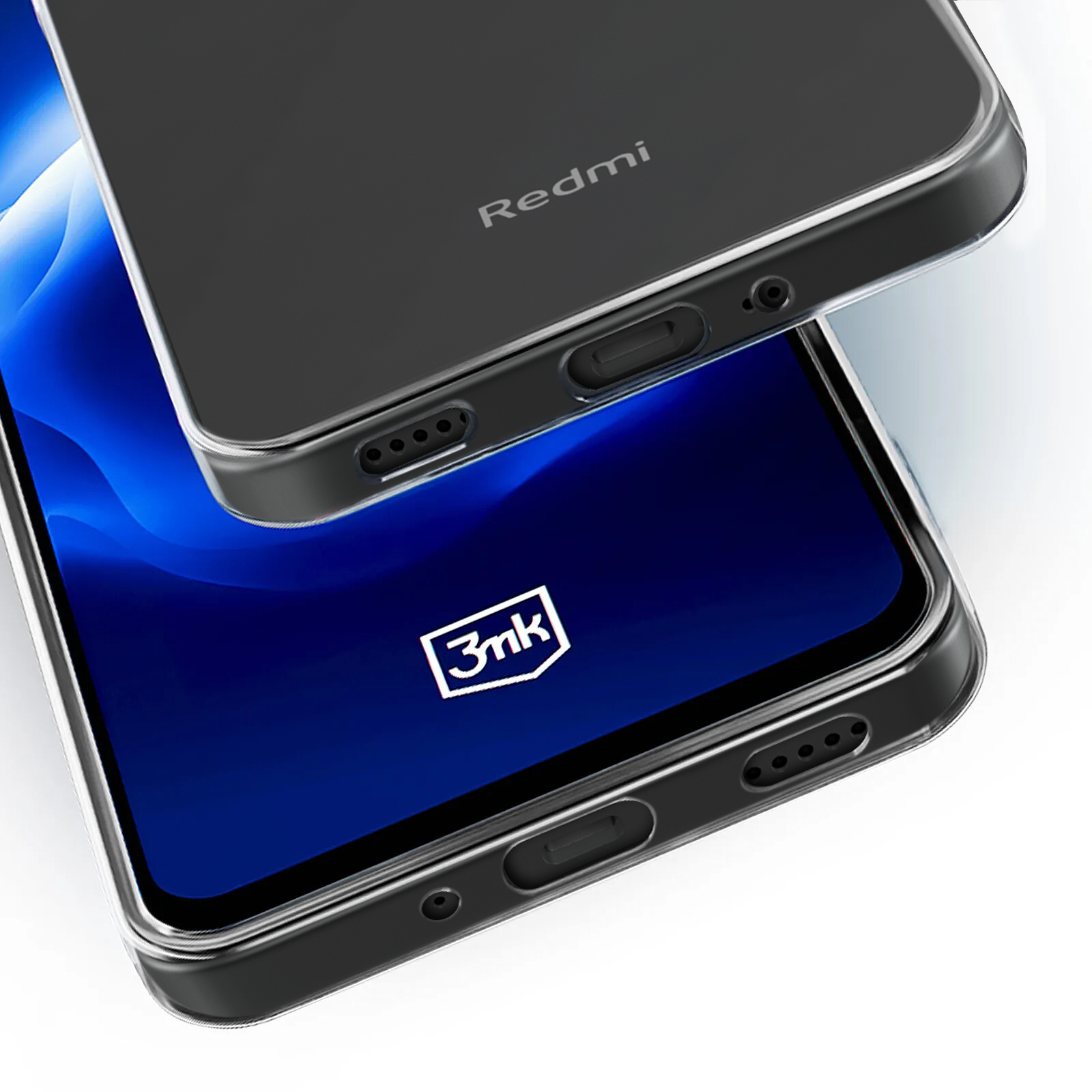 Etui na telefon na telefonie. Telefon ma niebieski ekran. Etui jest przezroczyste.