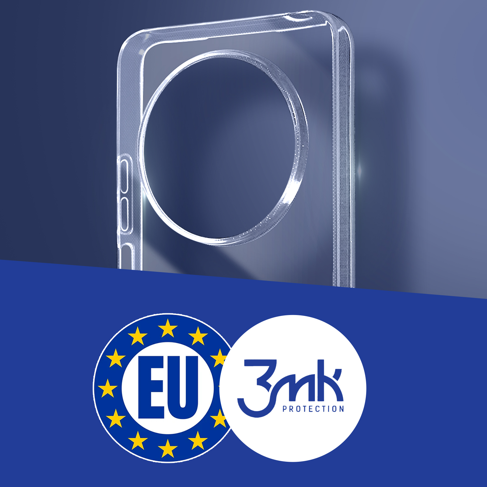Przezroczyste etui na telefon z okrągłym magnesem. Loga UE i 3mk Protection na niebieskim tle. Zbliżenie.