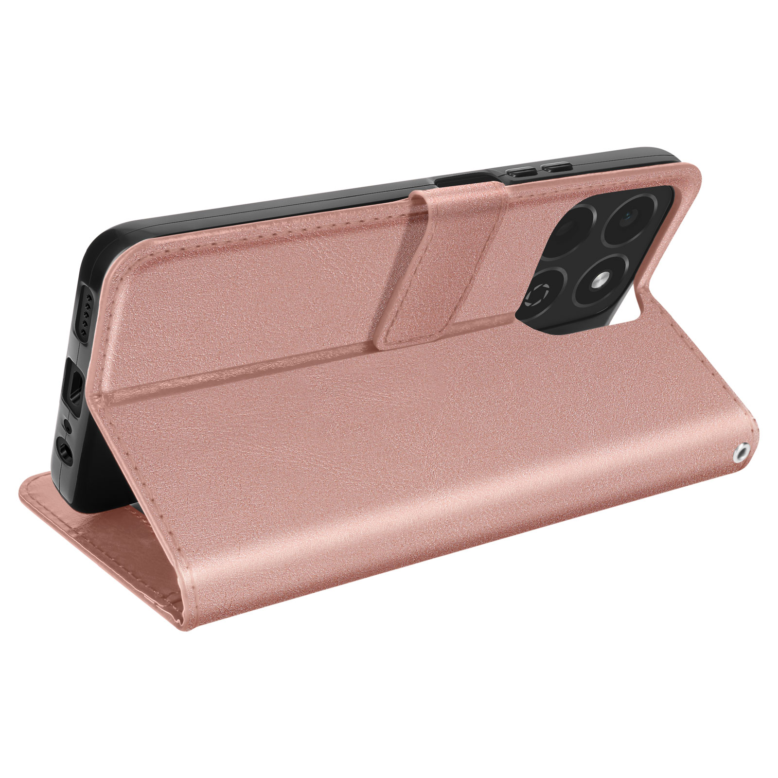 Custodia per telefono oro rosa aperta, che mostra un telefono. La custodia ha un esterno strutturato e uno slot per schede.