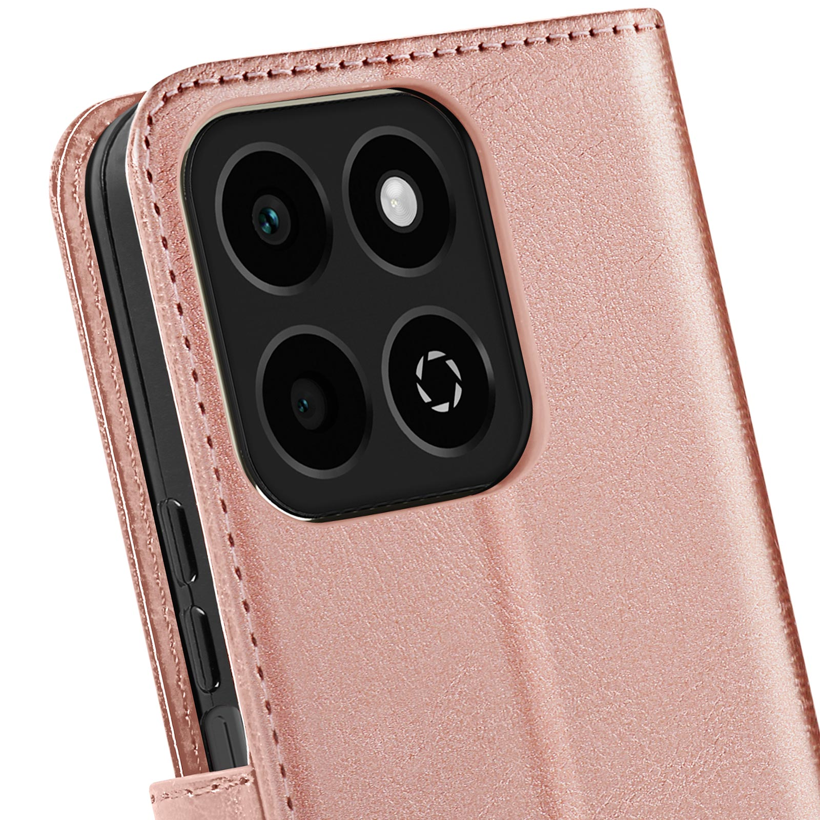 Primo piano di una custodia per telefono in pelle rosa con più obiettivi della fotocamera.