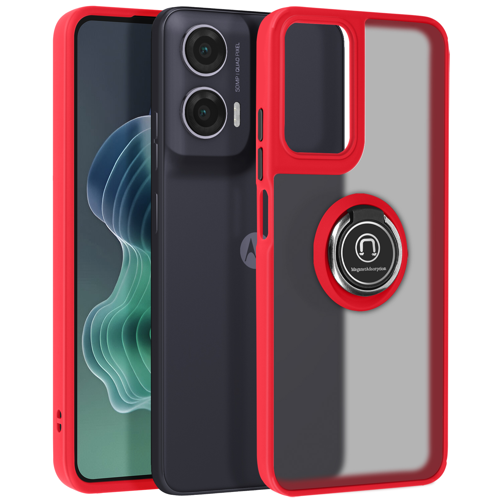 Smartphone nero in una custodia trasparente con cornice rossa e supporto ad anello. Sfondo bianco.