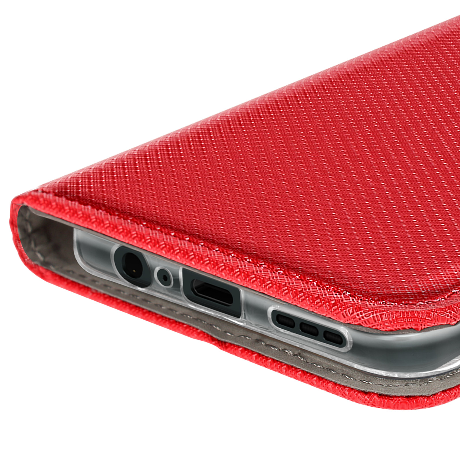 Primo piano di una custodia rossa per telefono con porte e fori visibili.