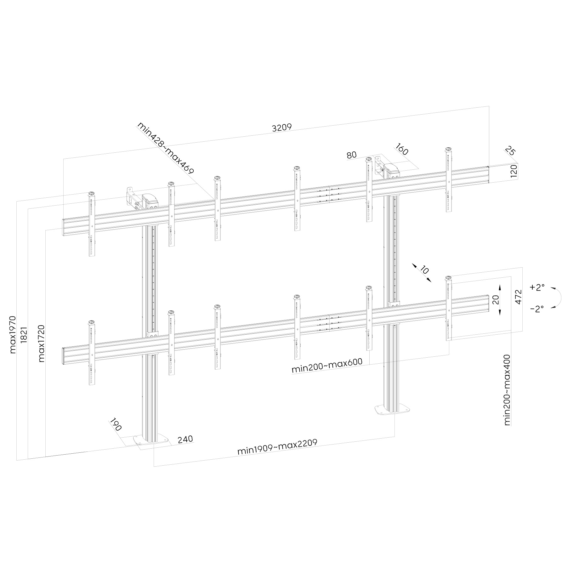 Dibujo técnico de un soporte para monitores con medidas y etiquetas.