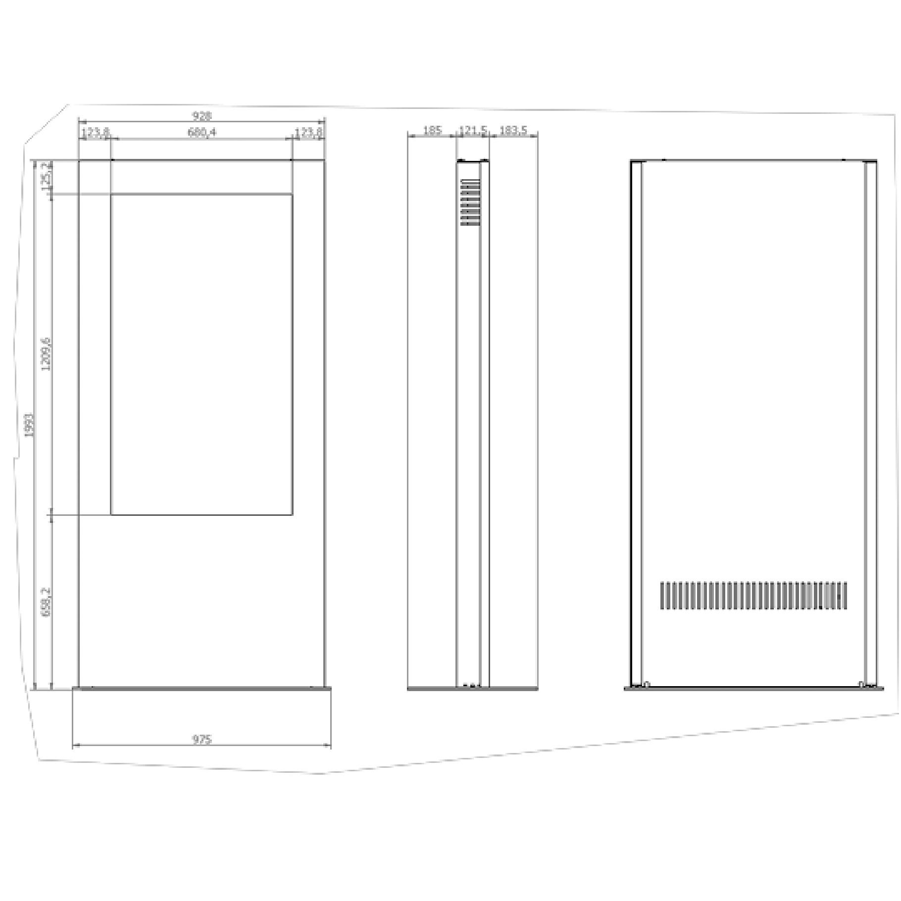 Disegno tecnico di un oggetto rettangolare con misure.