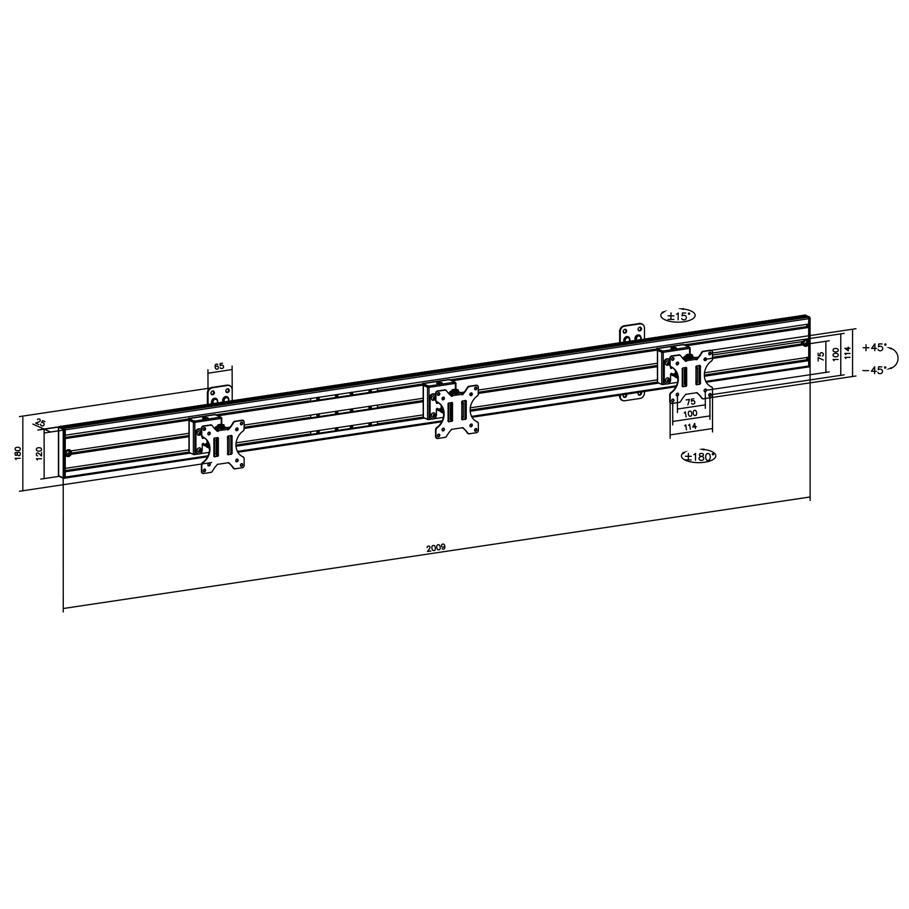 Dibujo técnico de un soporte para monitor. Muestra dimensiones y ángulos.