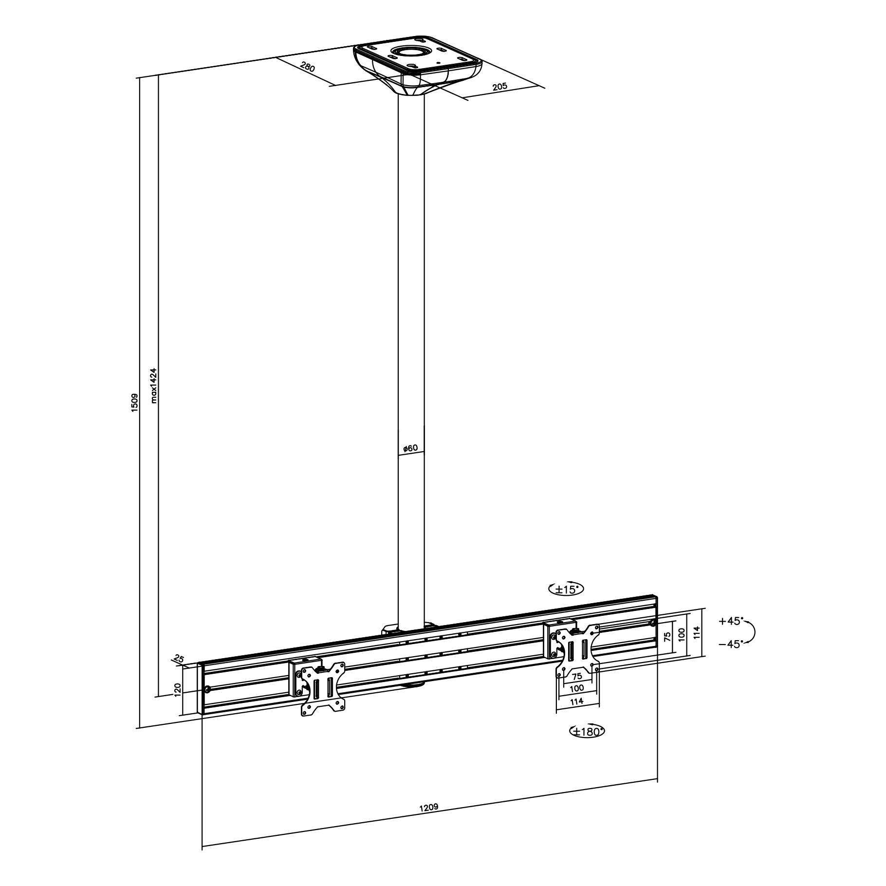 Dibujo técnico de un soporte de techo para una pantalla, mostrando dimensiones y puntos de montaje.