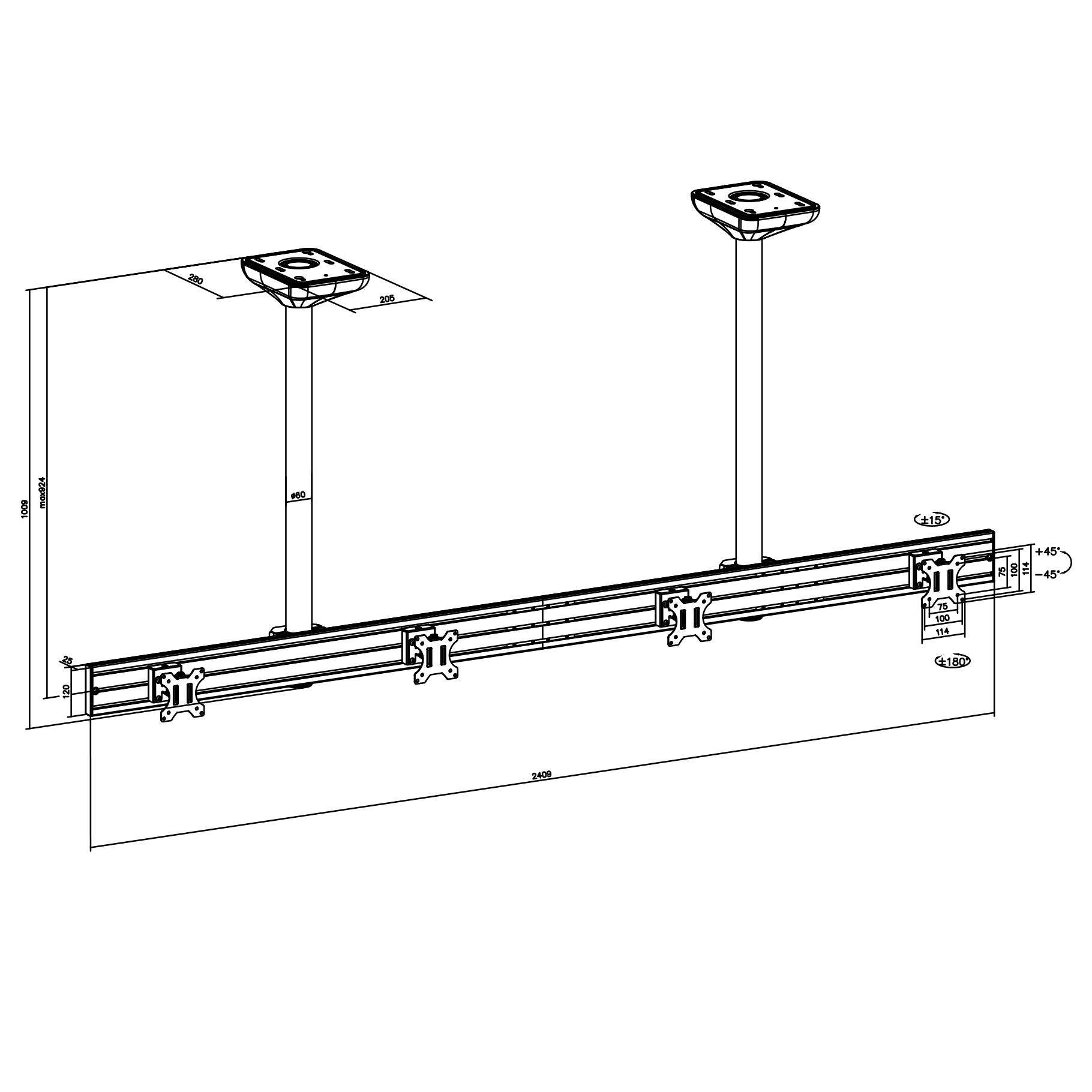Dibujo técnico de un soporte de TV de techo con dimensiones y detalles.