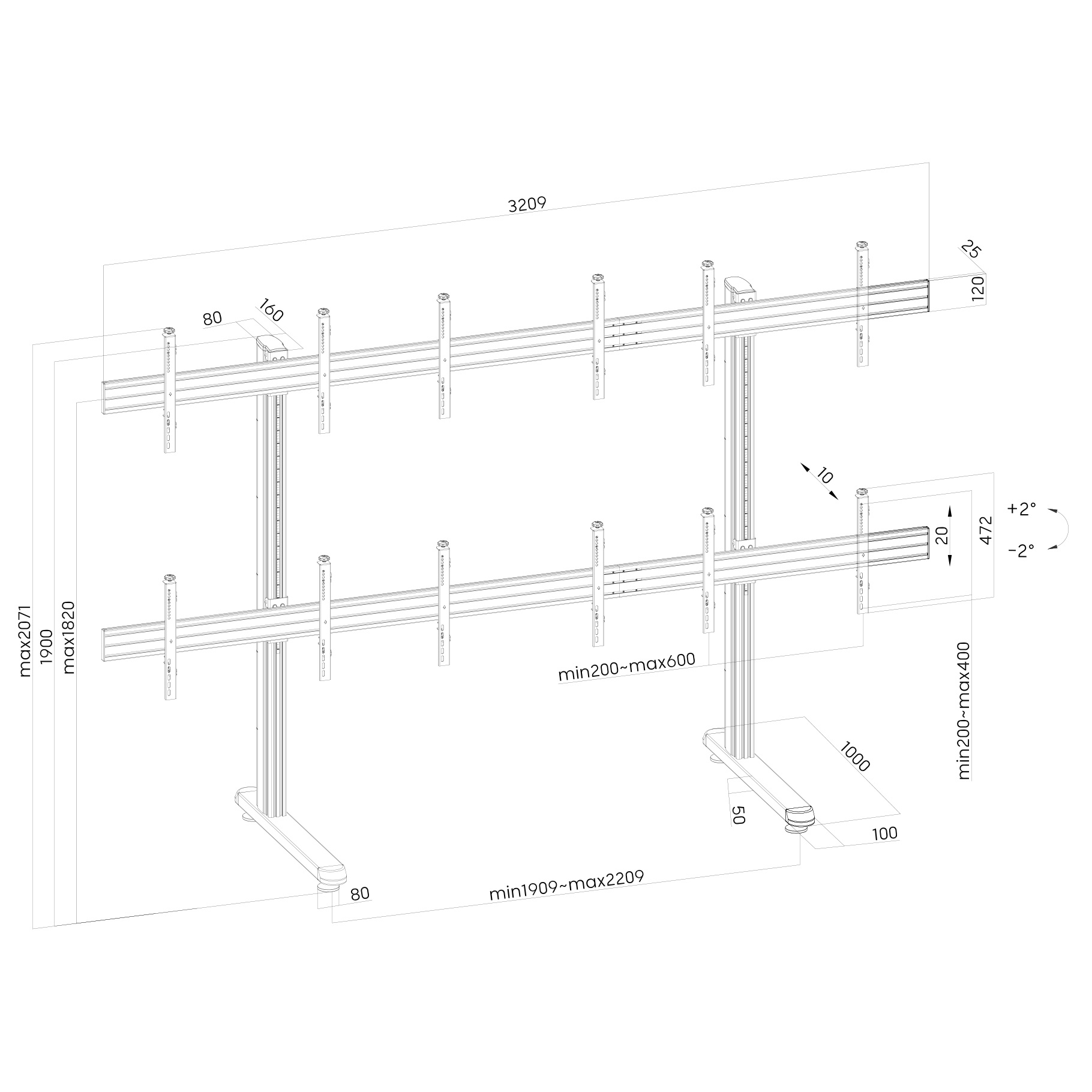 Dibujo técnico de un soporte de TV con dimensiones y medidas sobre fondo blanco.