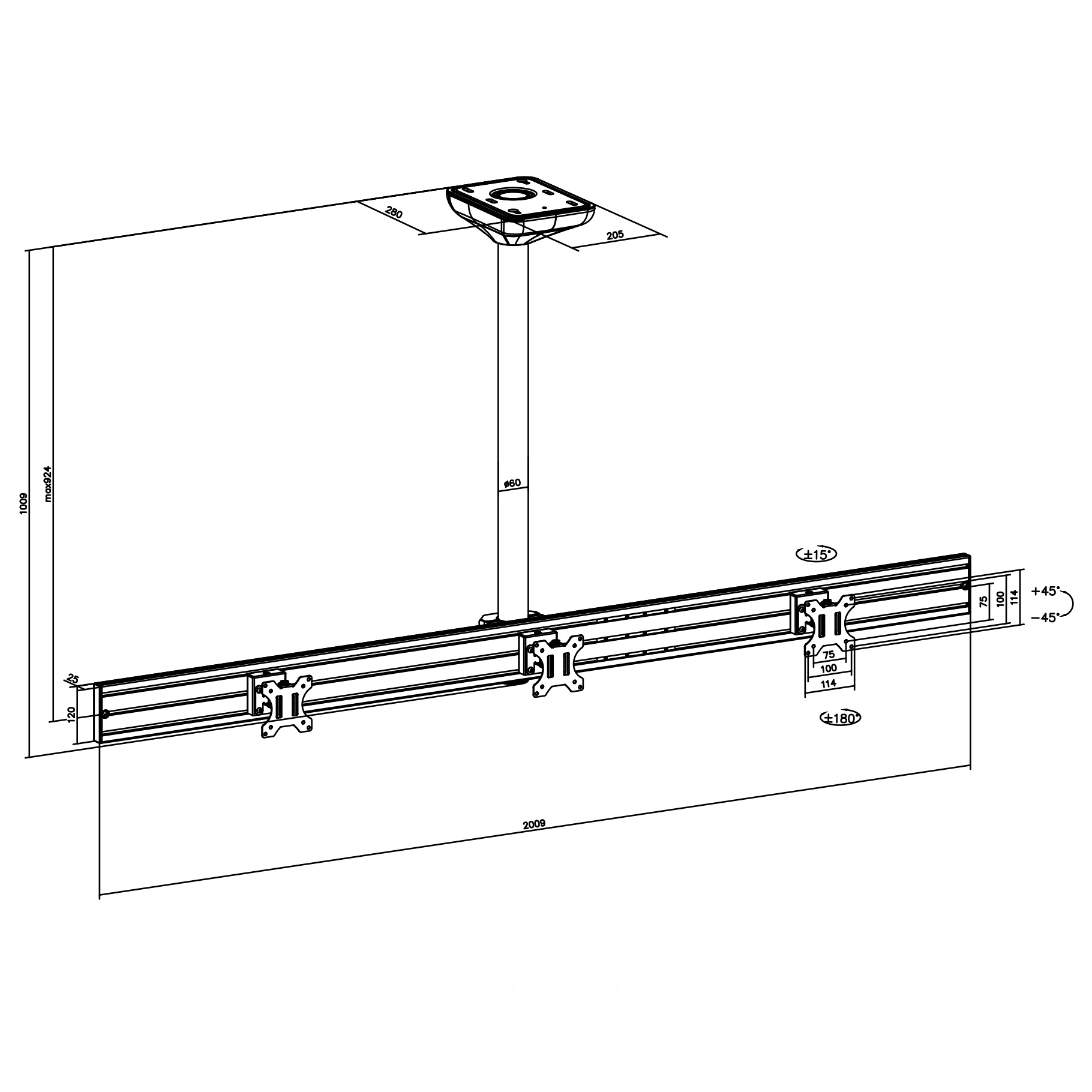 Diagrama de un sistema de montaje de monitores, mostrando dimensiones y ángulos.