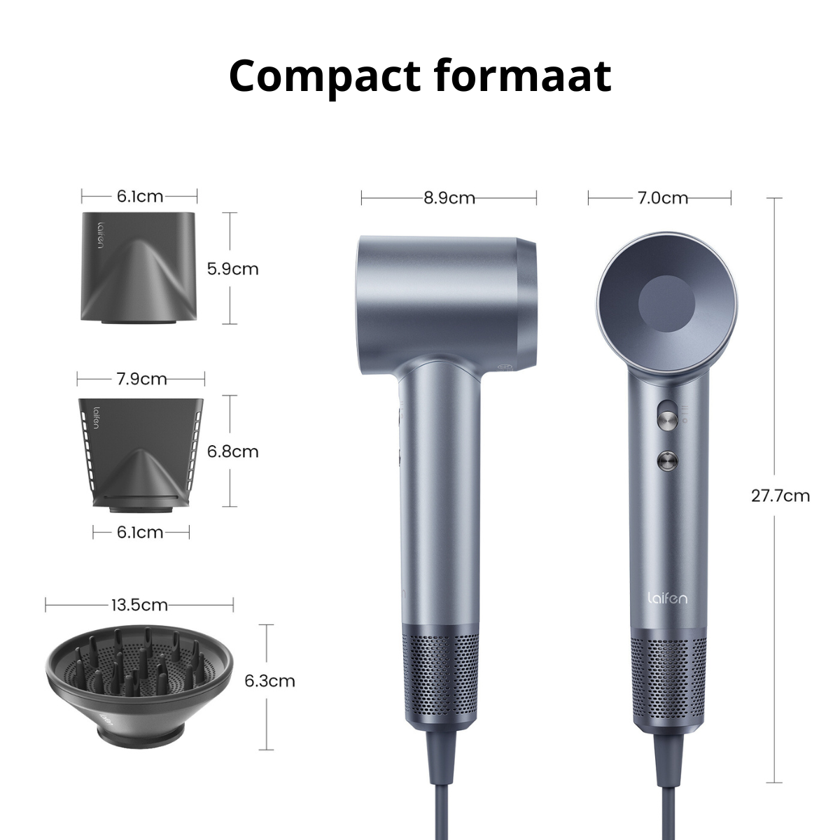 Un secador de pelo plateado y sus accesorios. También se proporcionan las dimensiones.