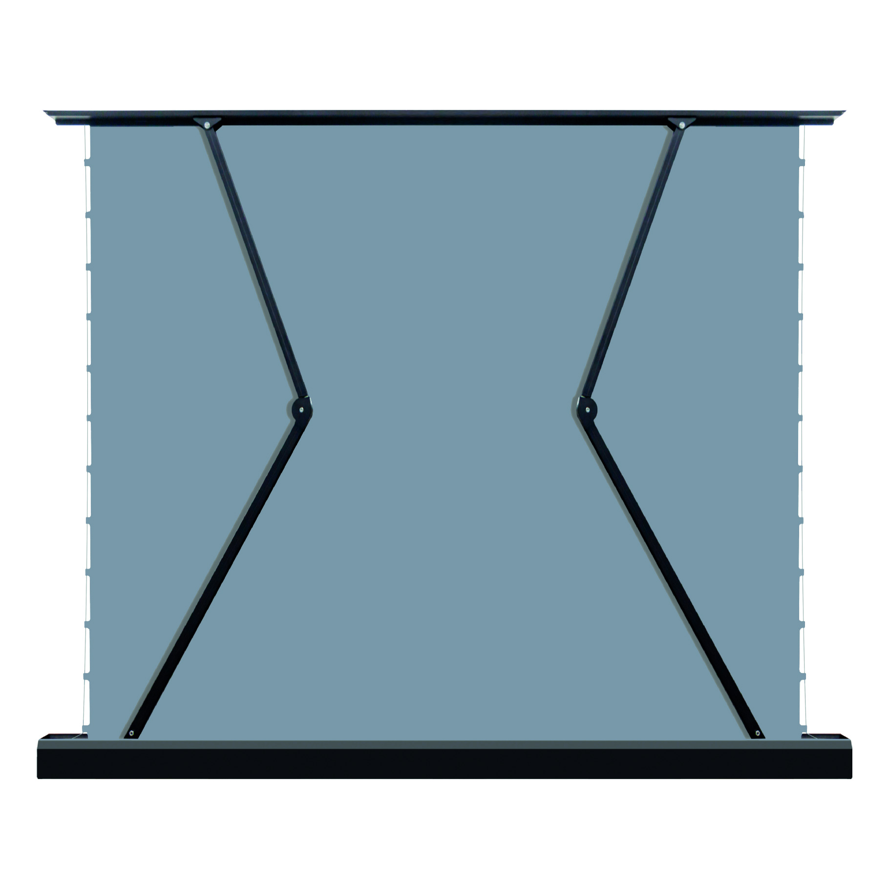 A projection screen with a gray surface and black support structure.