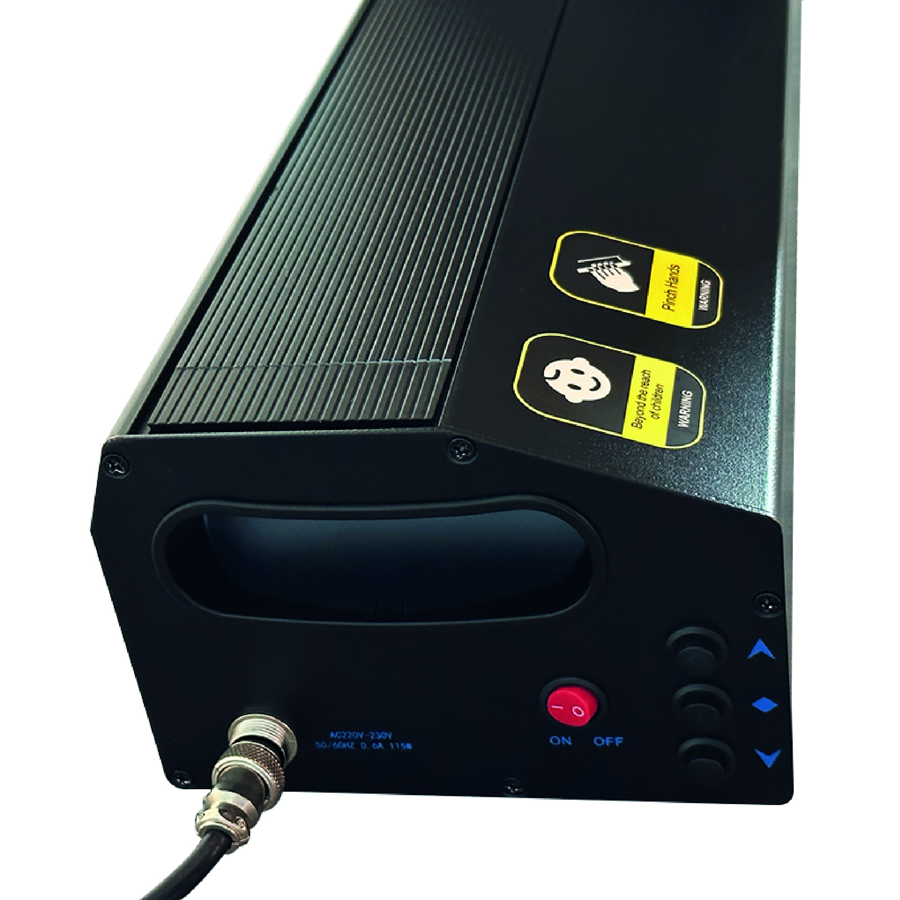 Black device with labels: "Pinch hands", "Beyond the reach of children", and on/off buttons.