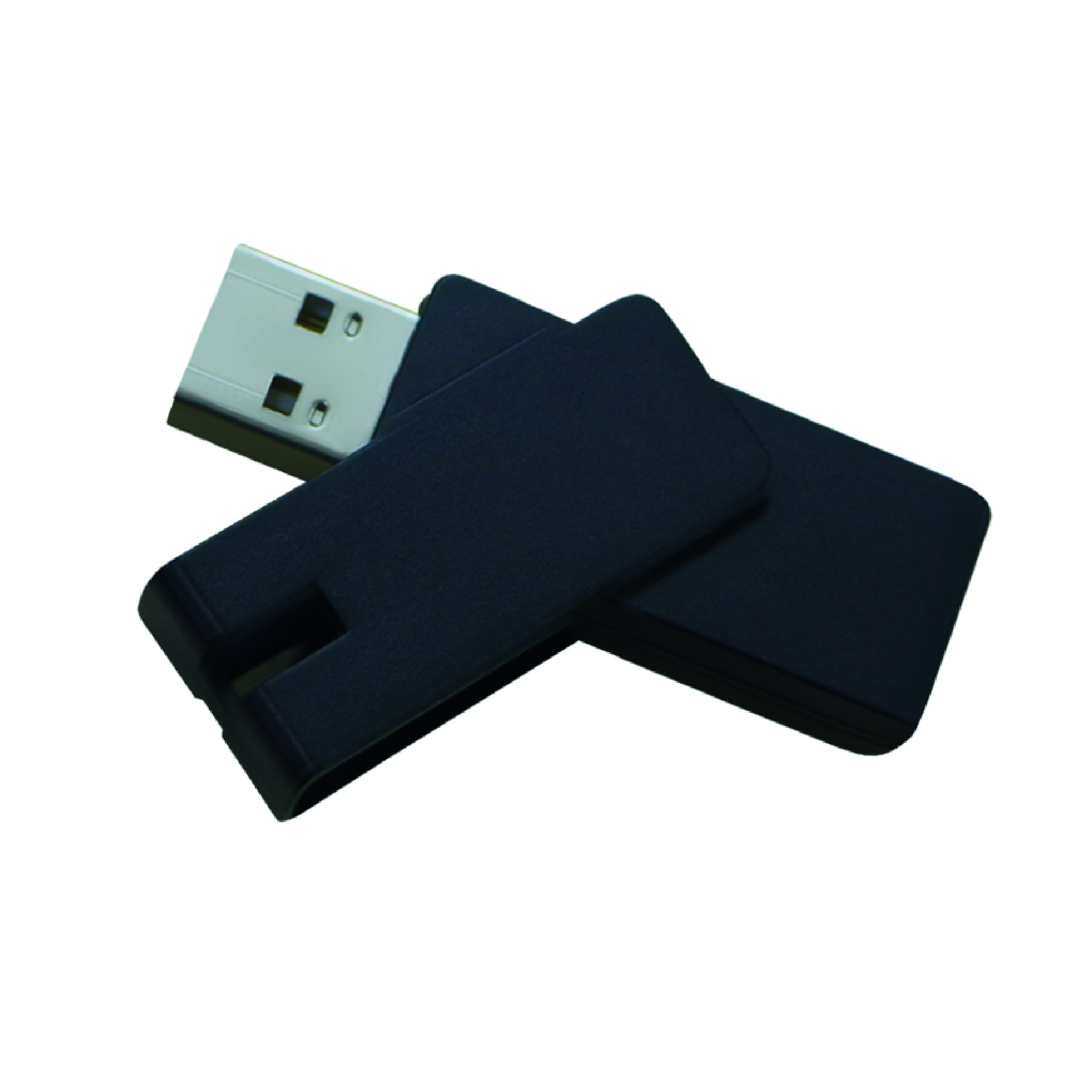 A black USB flash drive with a white USB connector. It is on a white background.