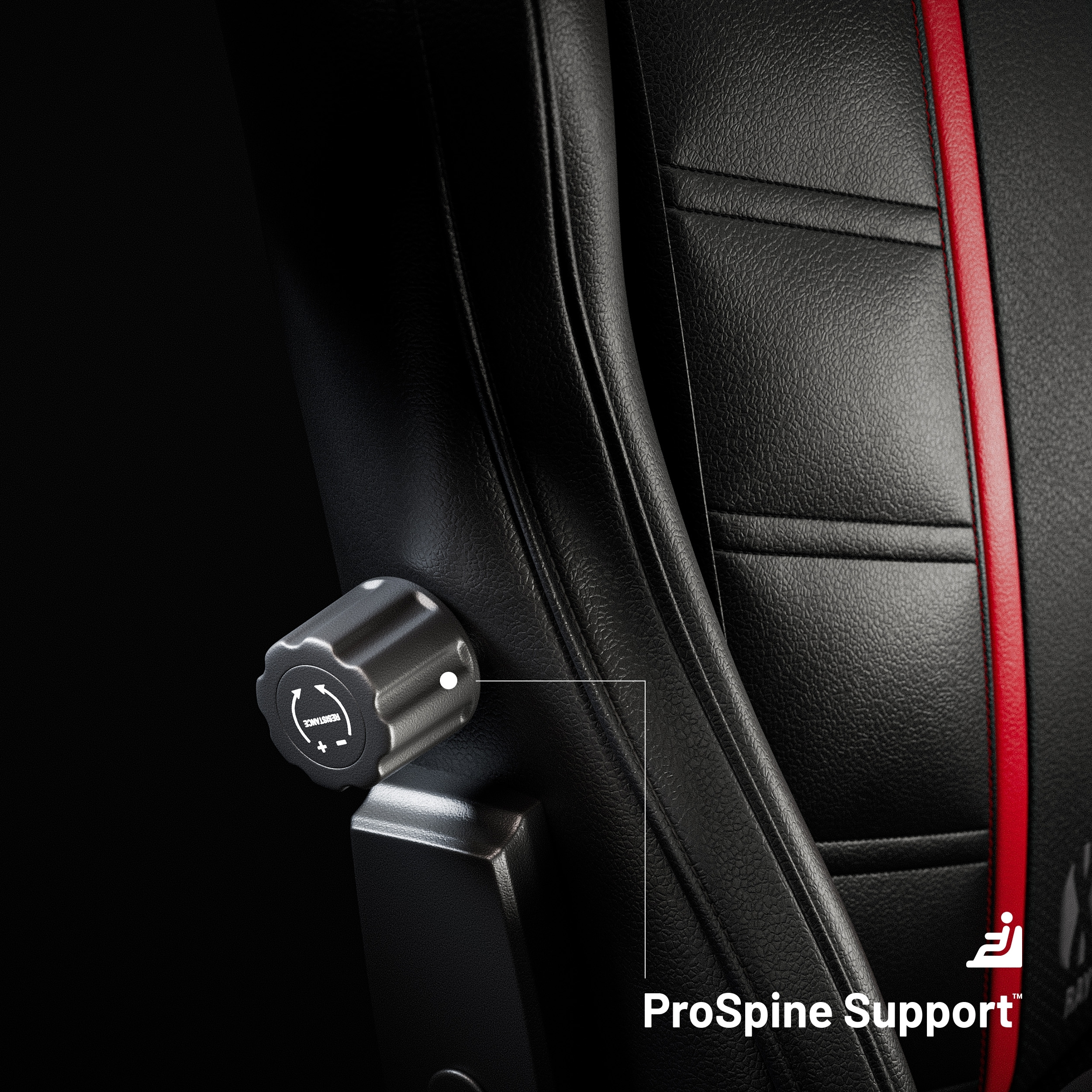 Czarny fotel gamingowy z czerwonymi akcentami. Srebrna gałka ze znakami plus i minus oraz napisem ProSpine Support.