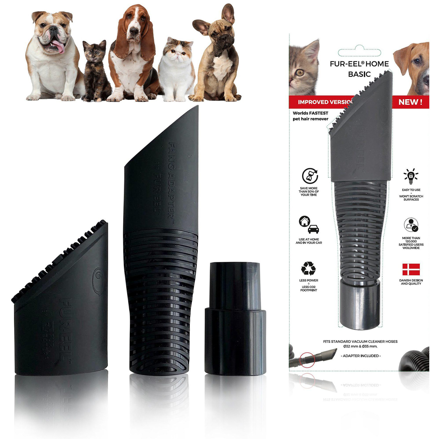 Strumenti e accessori per la rimozione dei peli degli animali domestici. Varie spazzole, adattatore per aspirapolvere e confezione con cani e gatti.