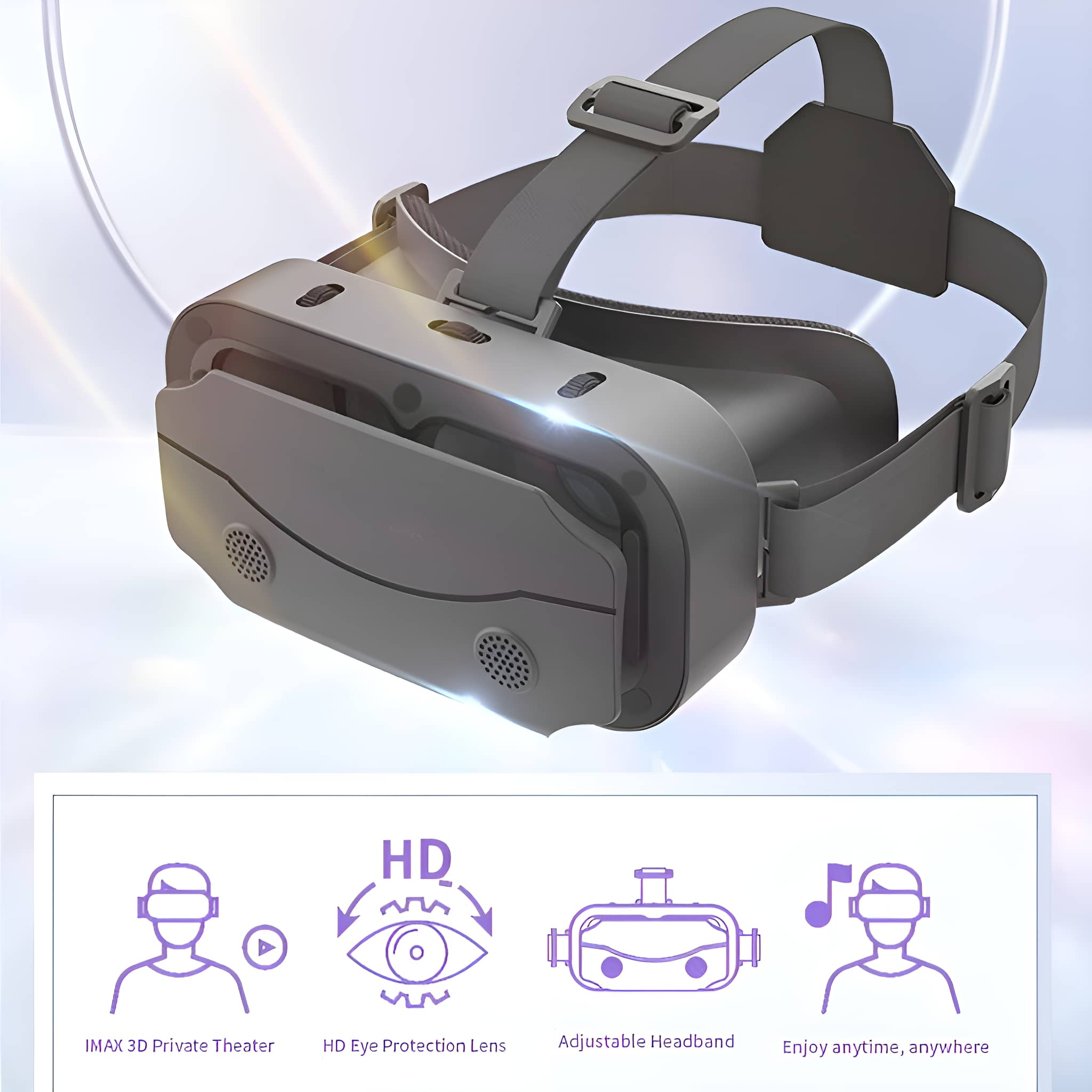 VR-Headset mit Symbolen: IMAX, HD-Objektiv, verstellbares Kopfband und Musik.