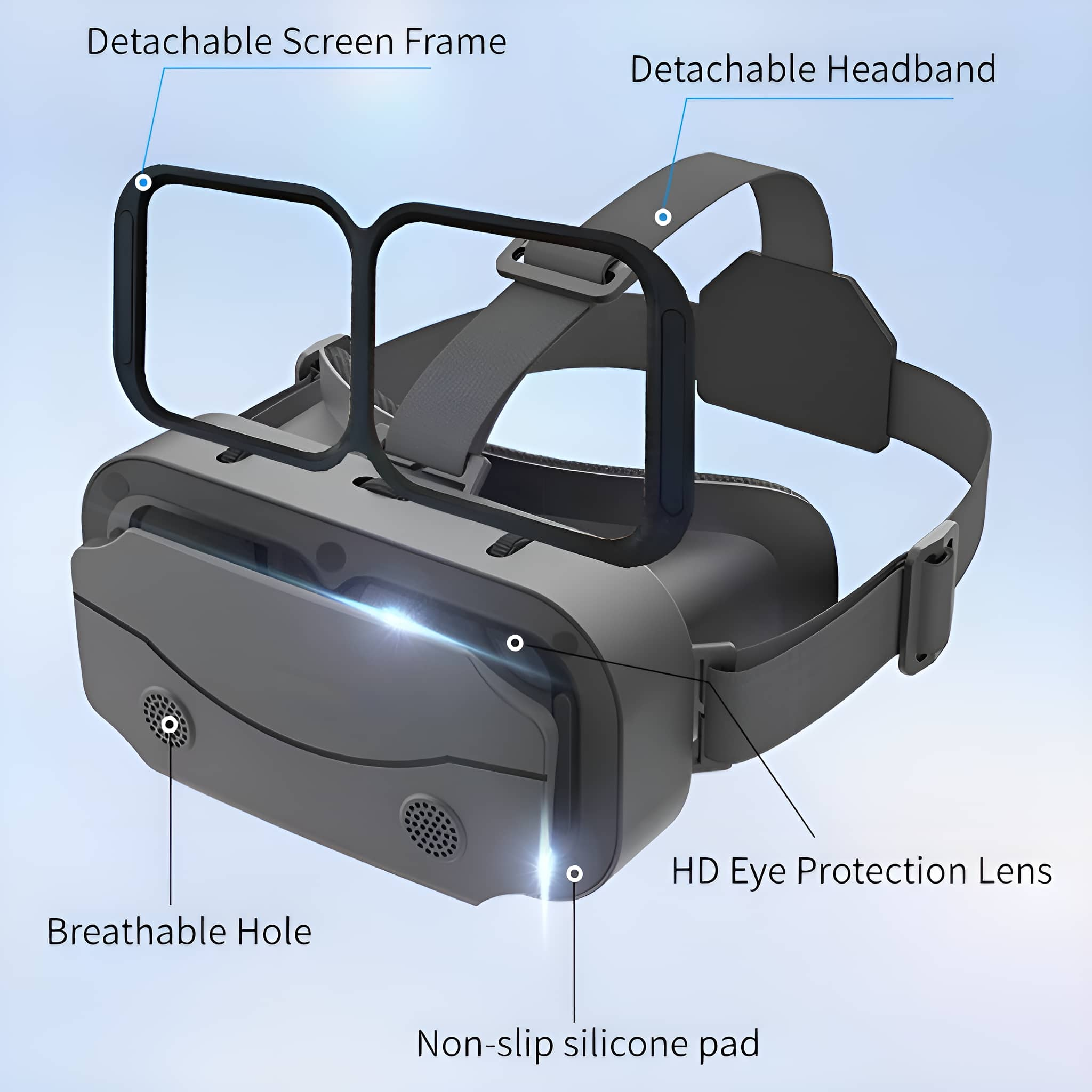 Ein VR-Headset. Es hat abnehmbare Teile: Bildschirmrahmen und Kopfband. Es ist grau und hat Löcher.