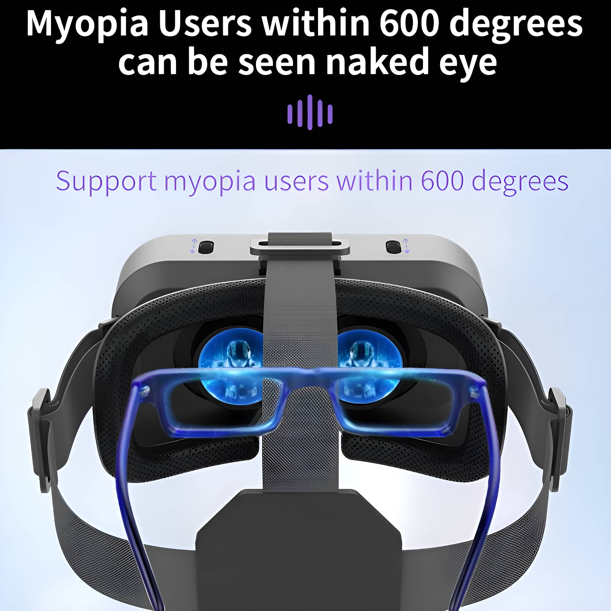 VR-Headset mit Brille, Text, der die Unterstützung für Myopie-Benutzer vorschlägt.