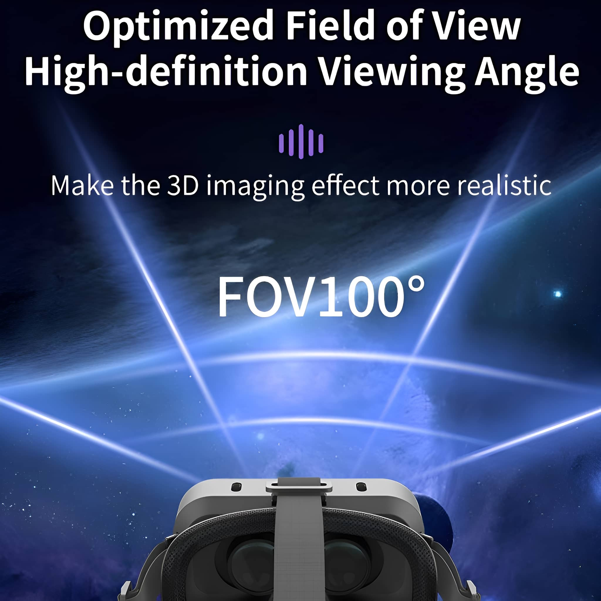 VR-Headset mit Text über optimiertes Sichtfeld und hochauflösenden Betrachtungswinkel. Das FOV beträgt 100°.