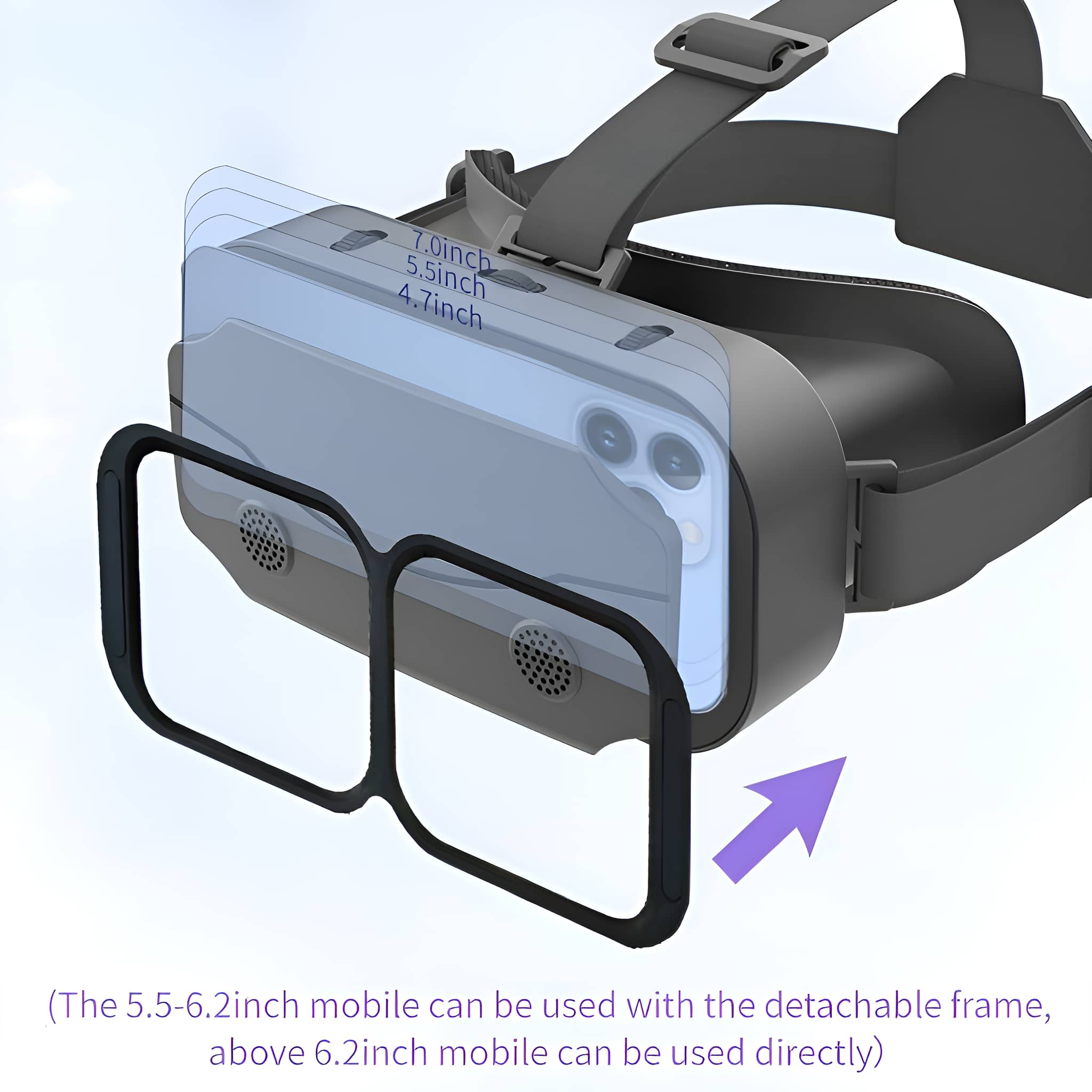 VR-Headset mit Telefoneinsatz. Größen angegeben. Abnehmbarer Rahmen. Lila Pfeil zeigt auf Telefon.